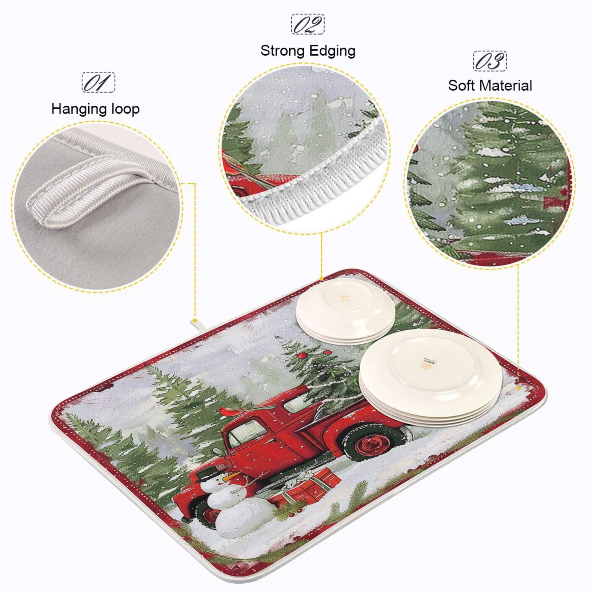 Christmas Red Truck Snowman Dish Drying Mat 18X24 For Kitchen Winter Xmas Tree Snowflake Cardinal Bird Dishes Pad Dish Drainer R