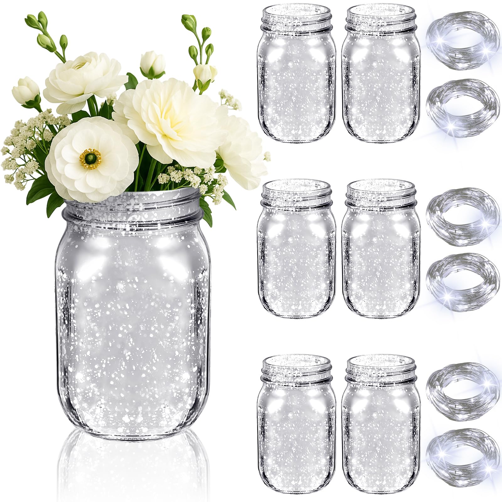 Layhit 6 Pcs Painted Mason Jars Colored Painted Mason Jars Centerpiece for Table with 6 Pcs 9.84 ft 30 LED Operated Fairy Lights