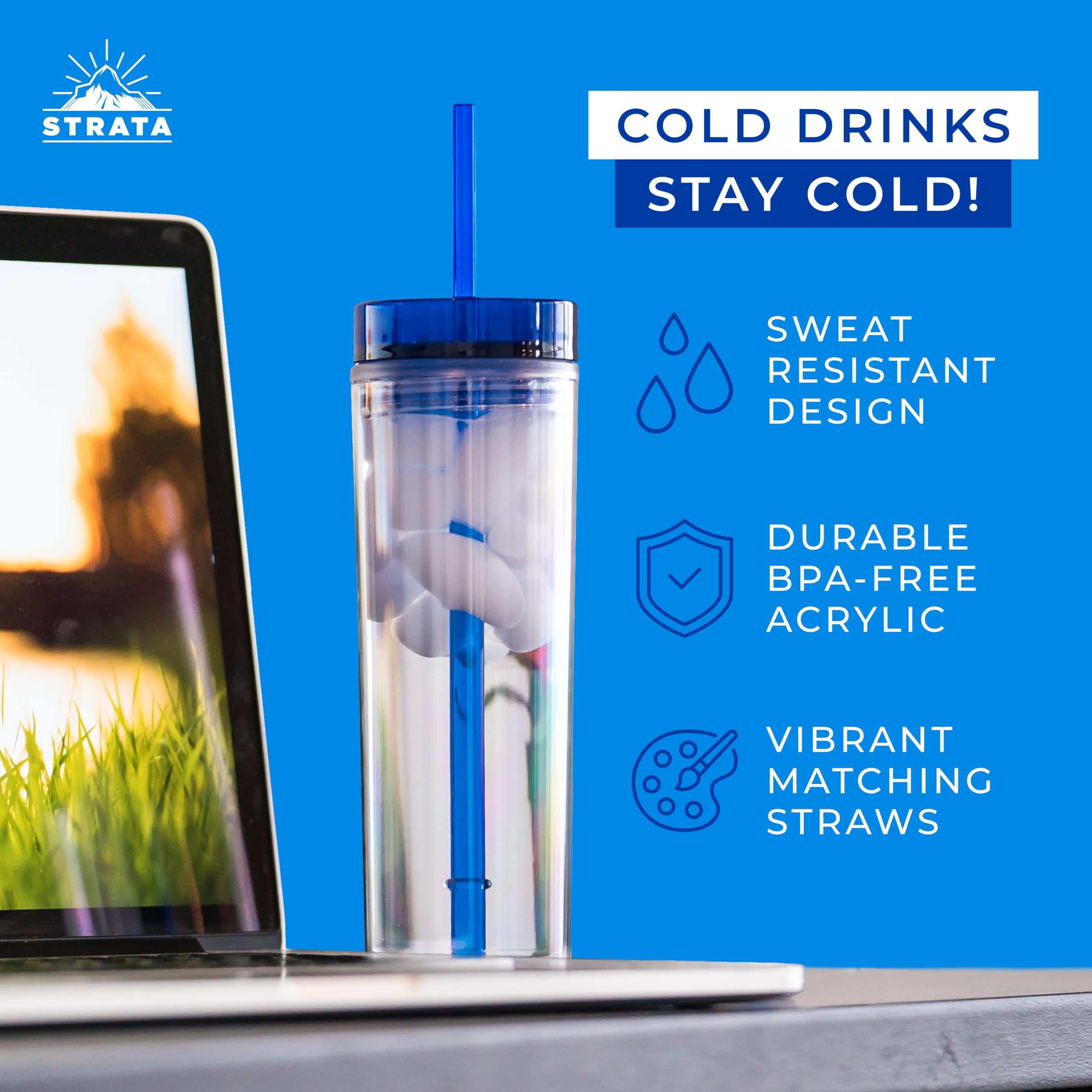 Strata Cups 24 Colored Skinny Clear Tumbler With Lids And Straws | 16Oz Double Wall Clear Acrylic Tumblers Bulk With Free Straw