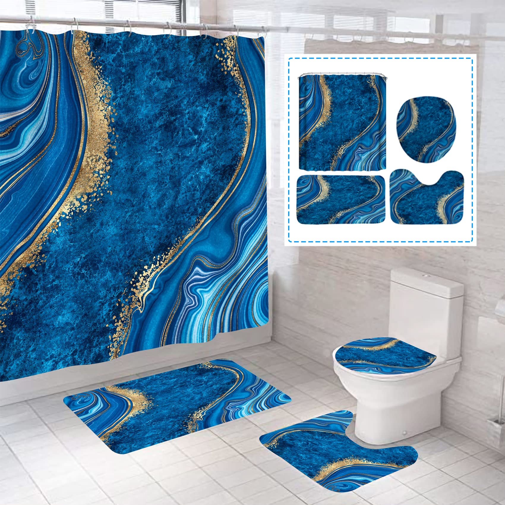 Beifivcl 4Pcs Luxury Marble Shower Curtain Sets, Toilet Lid Rug,Bath Mat And Contour Mat, Shower Curtain With 12 Hooks For Bathr