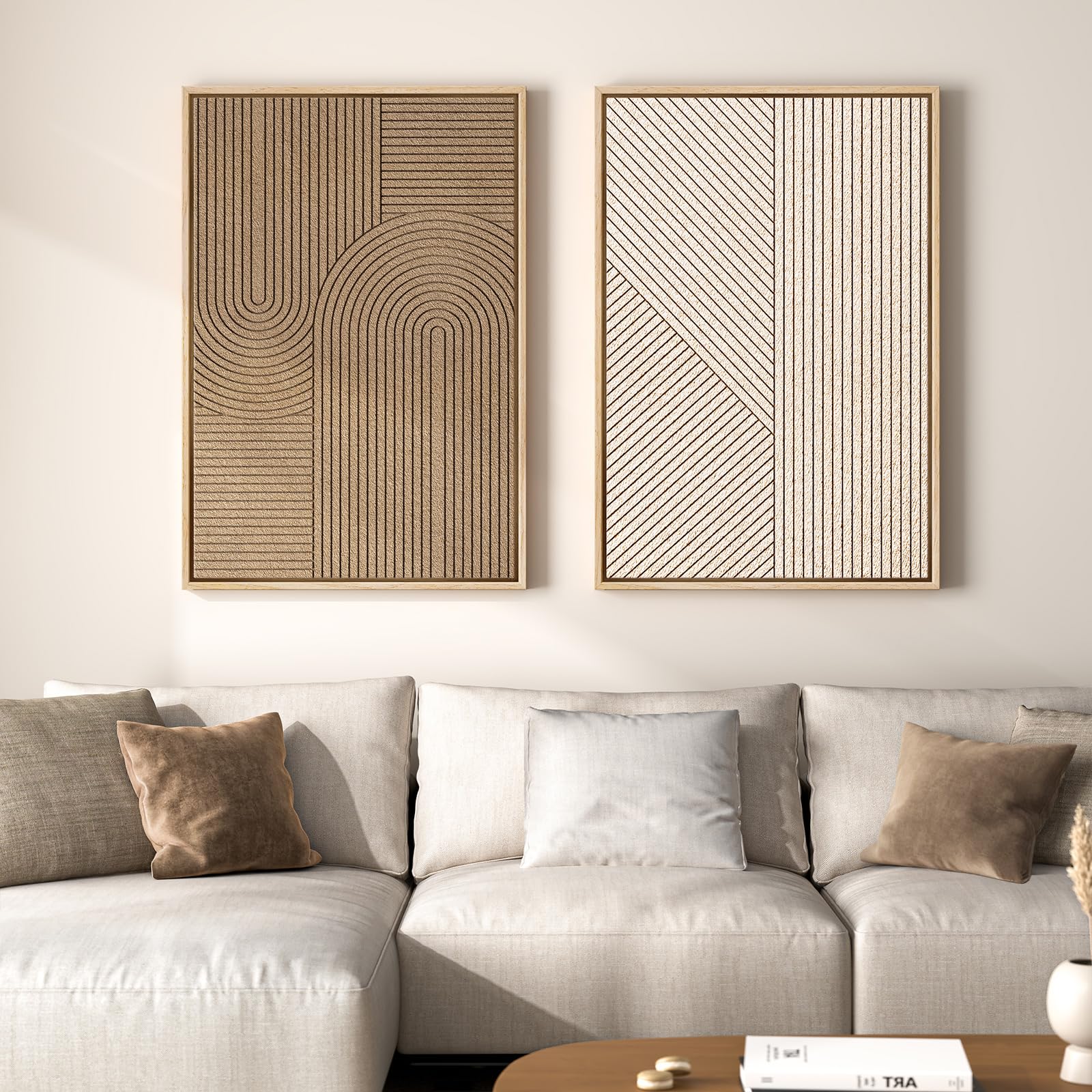 Large 3D Textured Framed Neutral Abstract Wall Art Set, 2 Piece Modern Minimalist Paintings Artwork For Walls, Beige Brown Geome