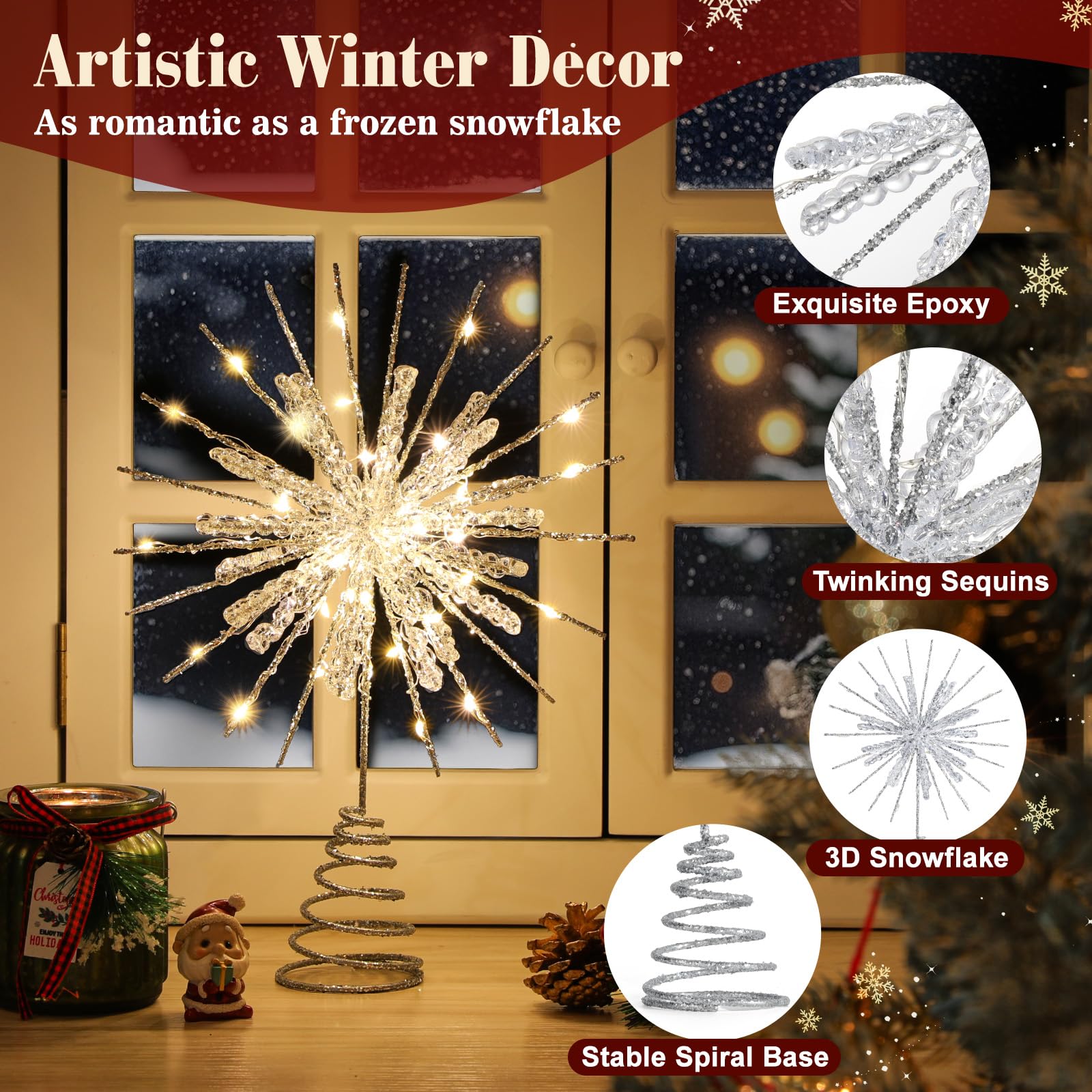 Lewondr Christmas Snowflake Tree Topper, 12.2in Xmas Tree Topper with Glittered Epoxy & 30 LED Bulbs, Remote&USB Powered Snowfla