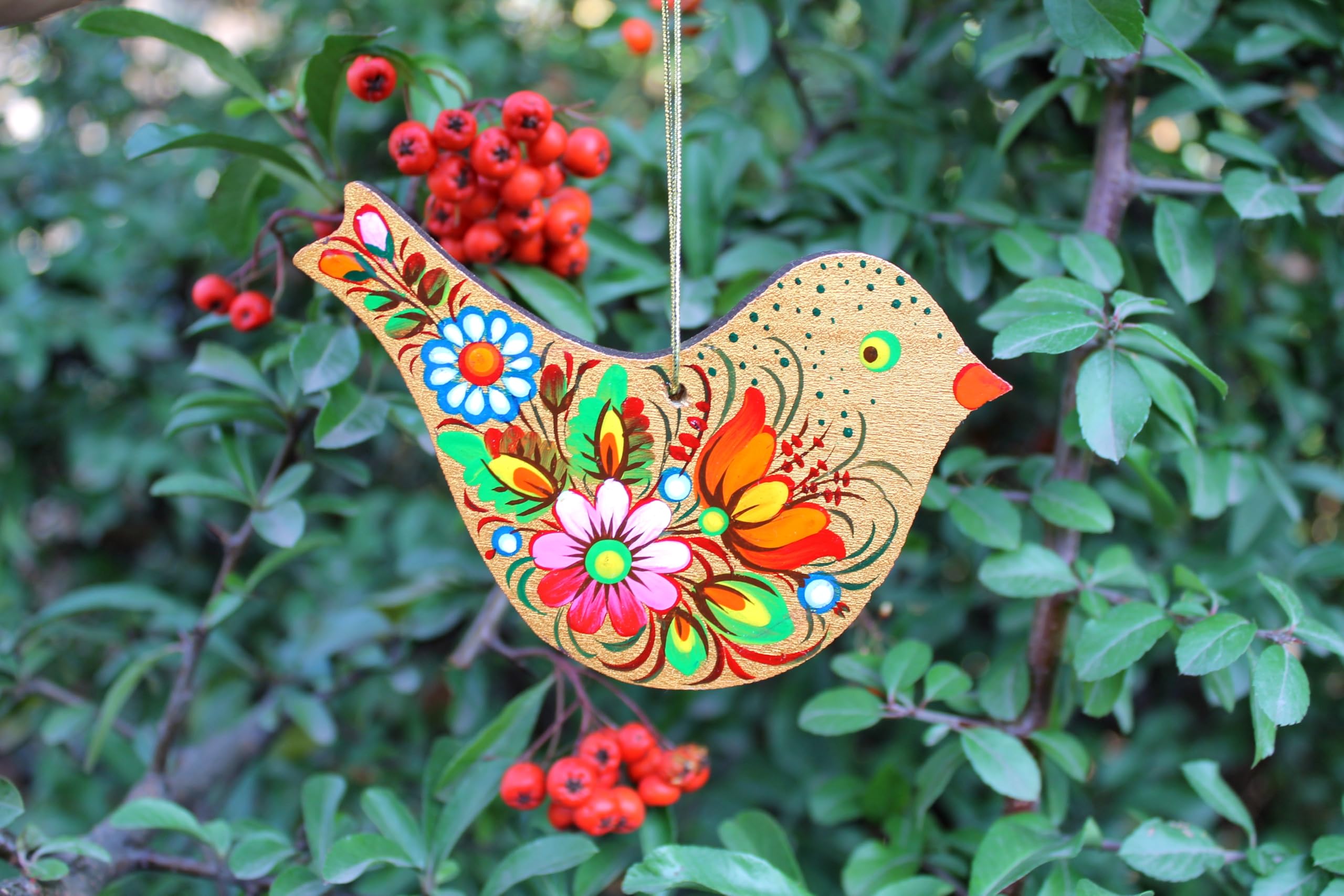 Handcrafted Wooden Bird Christmas Ornament 4,3 x 3,3 x 0,2 inch, Finely Hand-painted on Both Sides in Ukraine in the Petrykivka