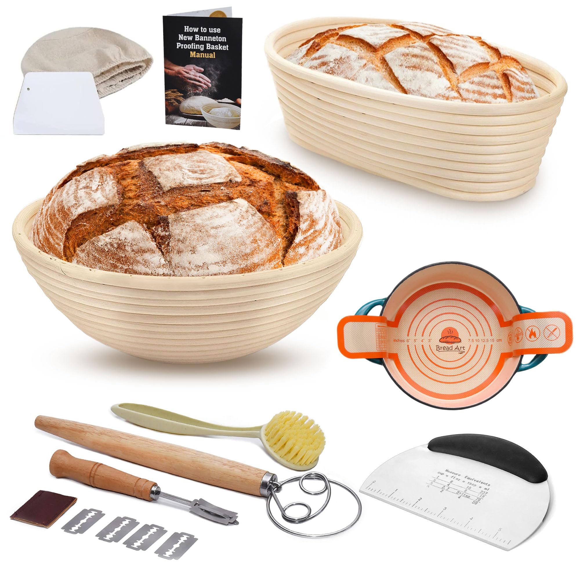 Bread-Art Sourdough Bread Baking Supplies - 9 Inch Round And 10 Inch Oval Sourdough Proofing Baskets With Silicone Bread Sling,
