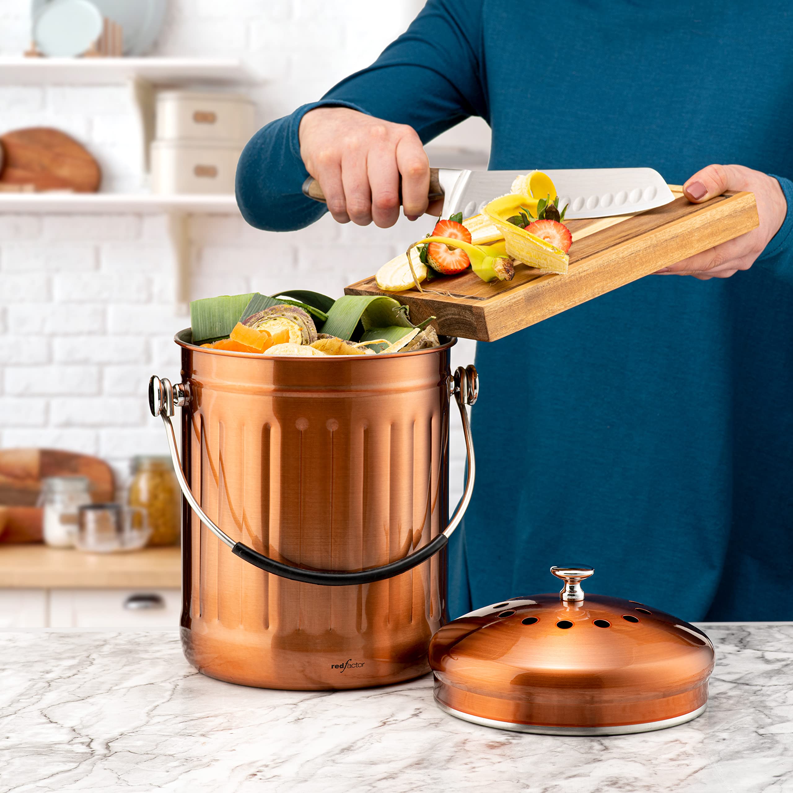RED FACTOR Premium Compost Bin for Kitchen Countertop - Stainless Steel Food Waste Bucket with Innovative Dual Filter Technology - Includes Spare Filters (Matt Copper  1.3 Gallon)