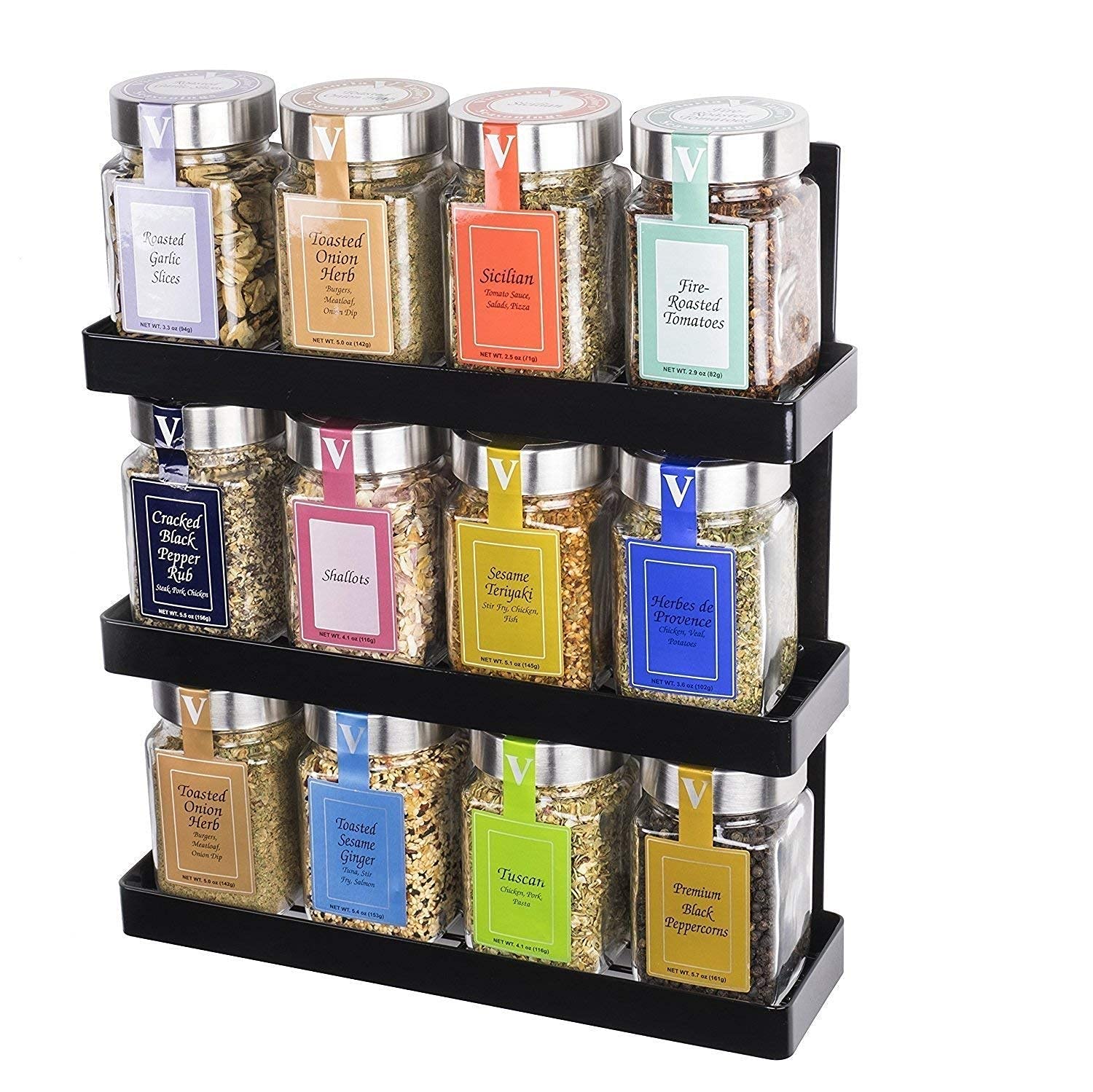 The Best Sellers 3 Tier Spice Pantry Kitchen Storage Organizer Rack (Black, Standard Size) Glass Bottle Not Included, Floating S