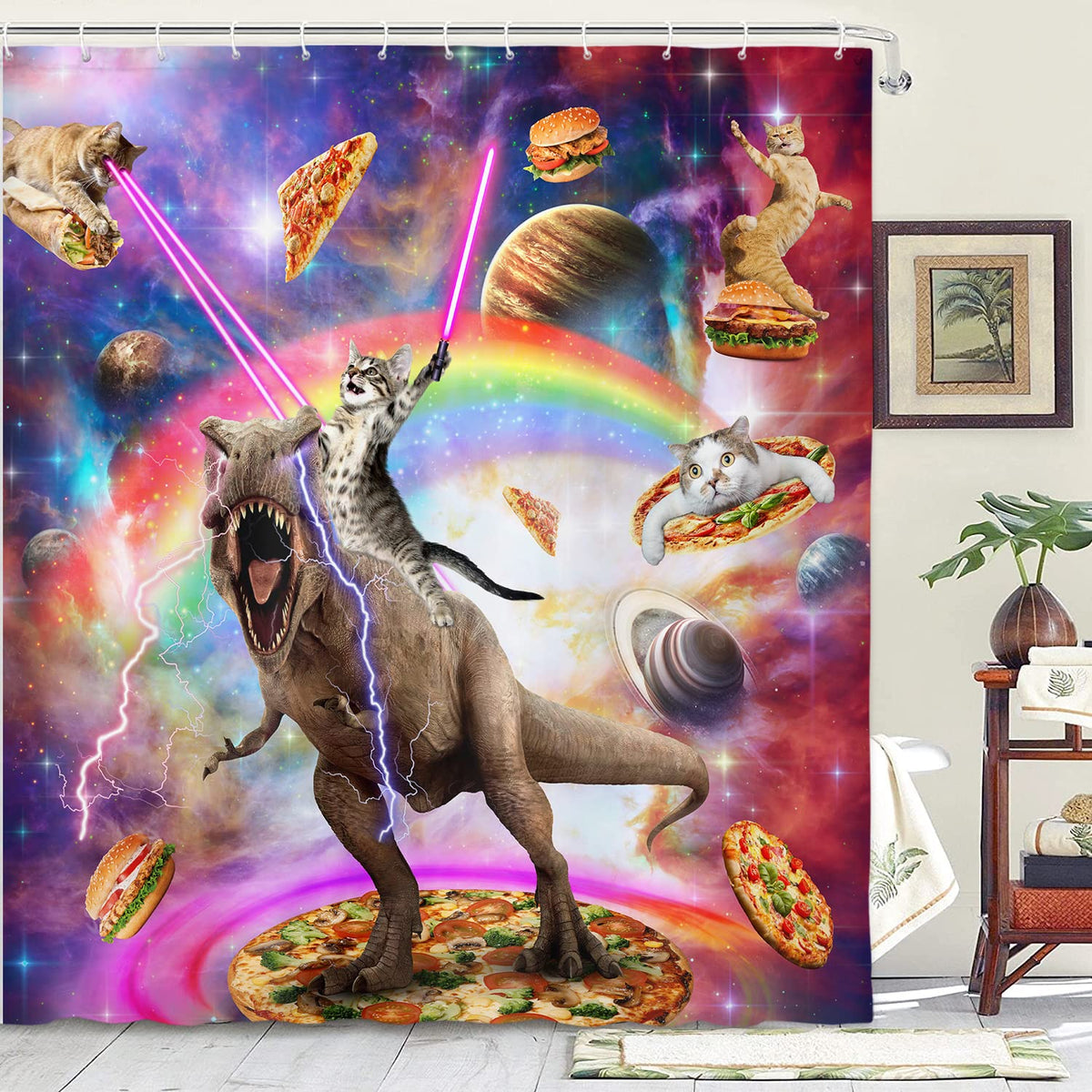Funny Cat Shower Curtain, Cool Cat Riding Dinosaur On Fantasy Galaxy Space Shower Curtain, Cute Hilarious Outer Universe Anime F