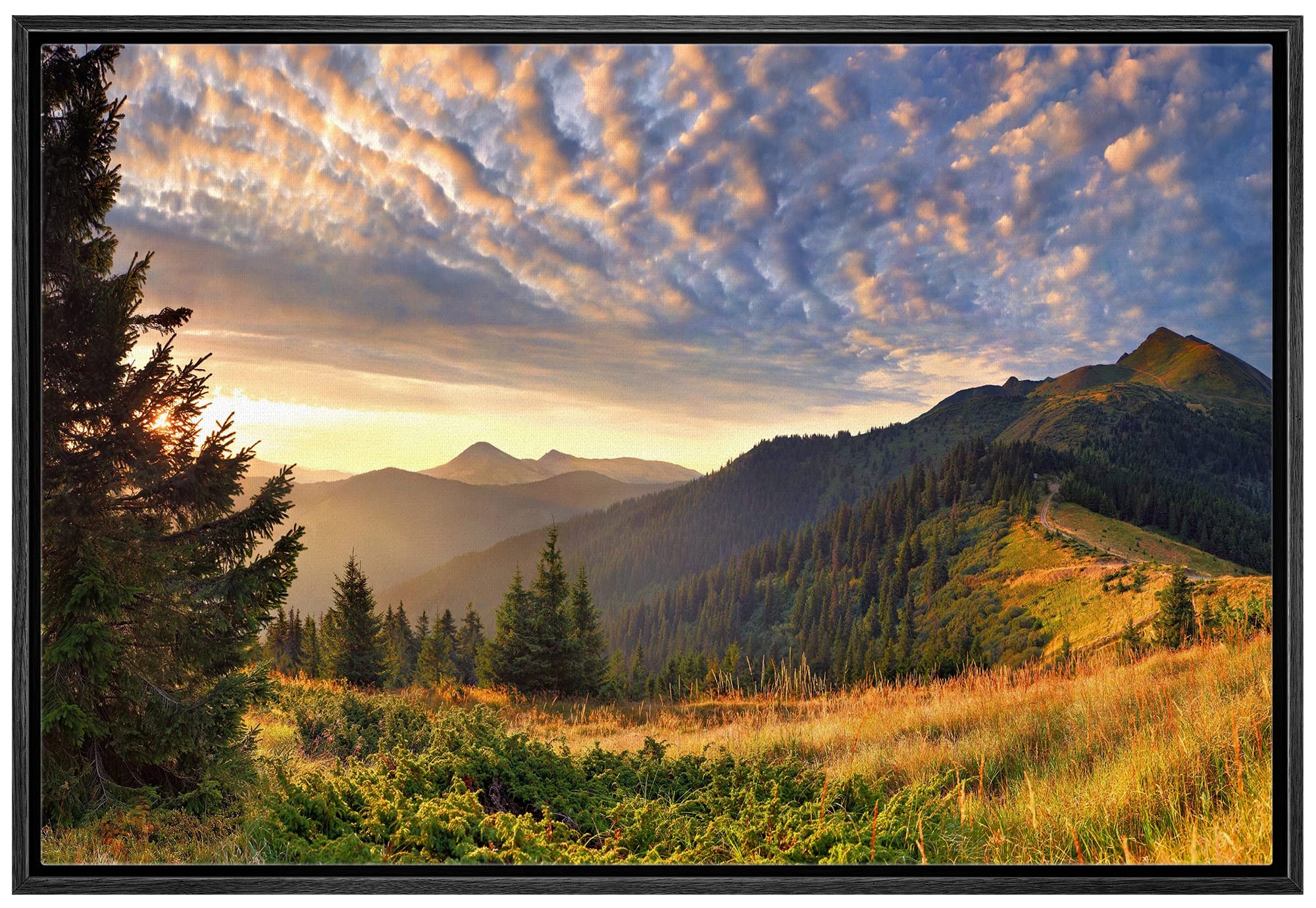 Wall26 Framed Canvas Print Wall Art Sunset Over The Golden Mountain Forest Landscape Nature Wilderness Photography Realism Sceni