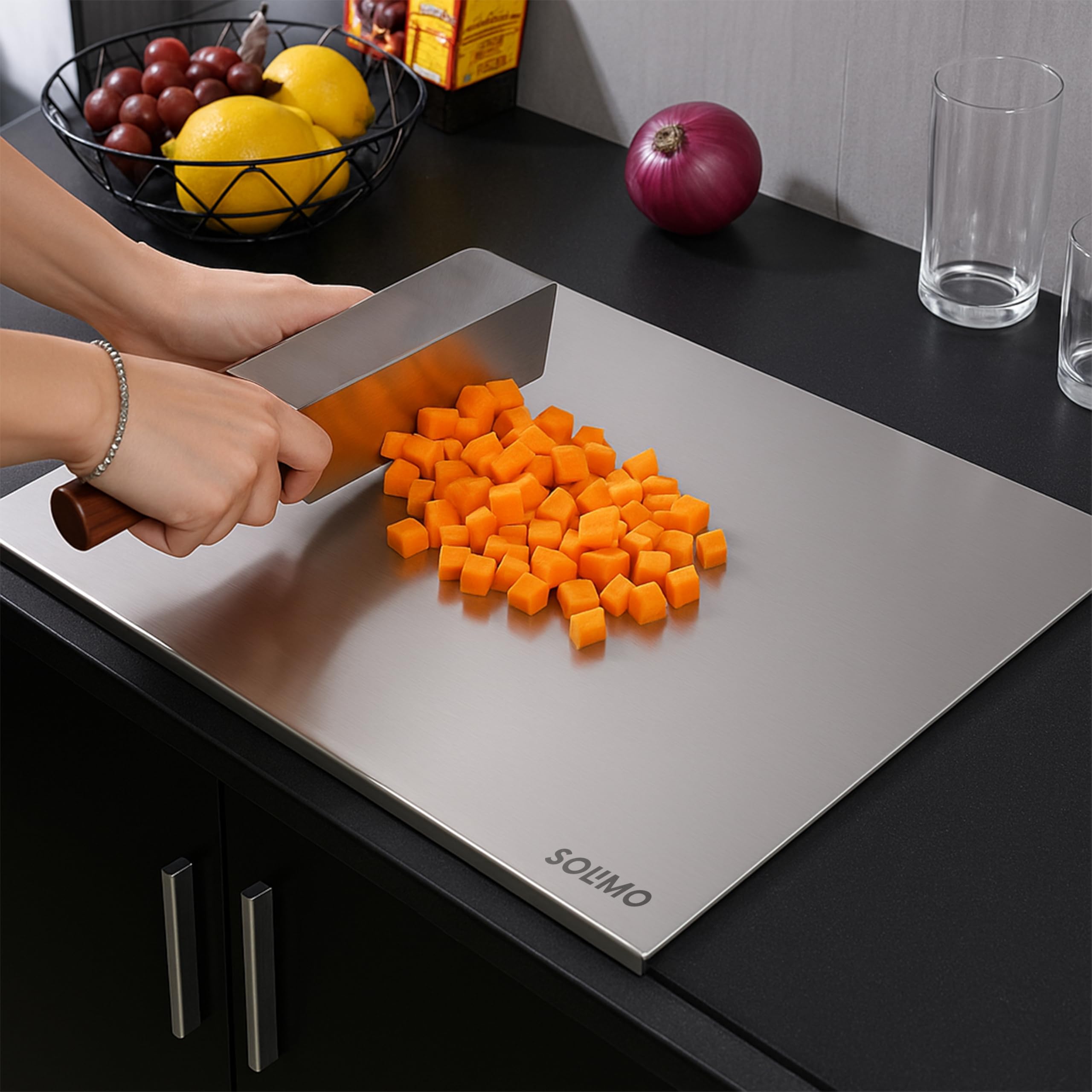 Amazon Brand- Solimo Countertop Stainless Steel Cutting Board With Rolling Pin | Non-Slip, Spill-Control Lip | Heavy-Duty, Hygie