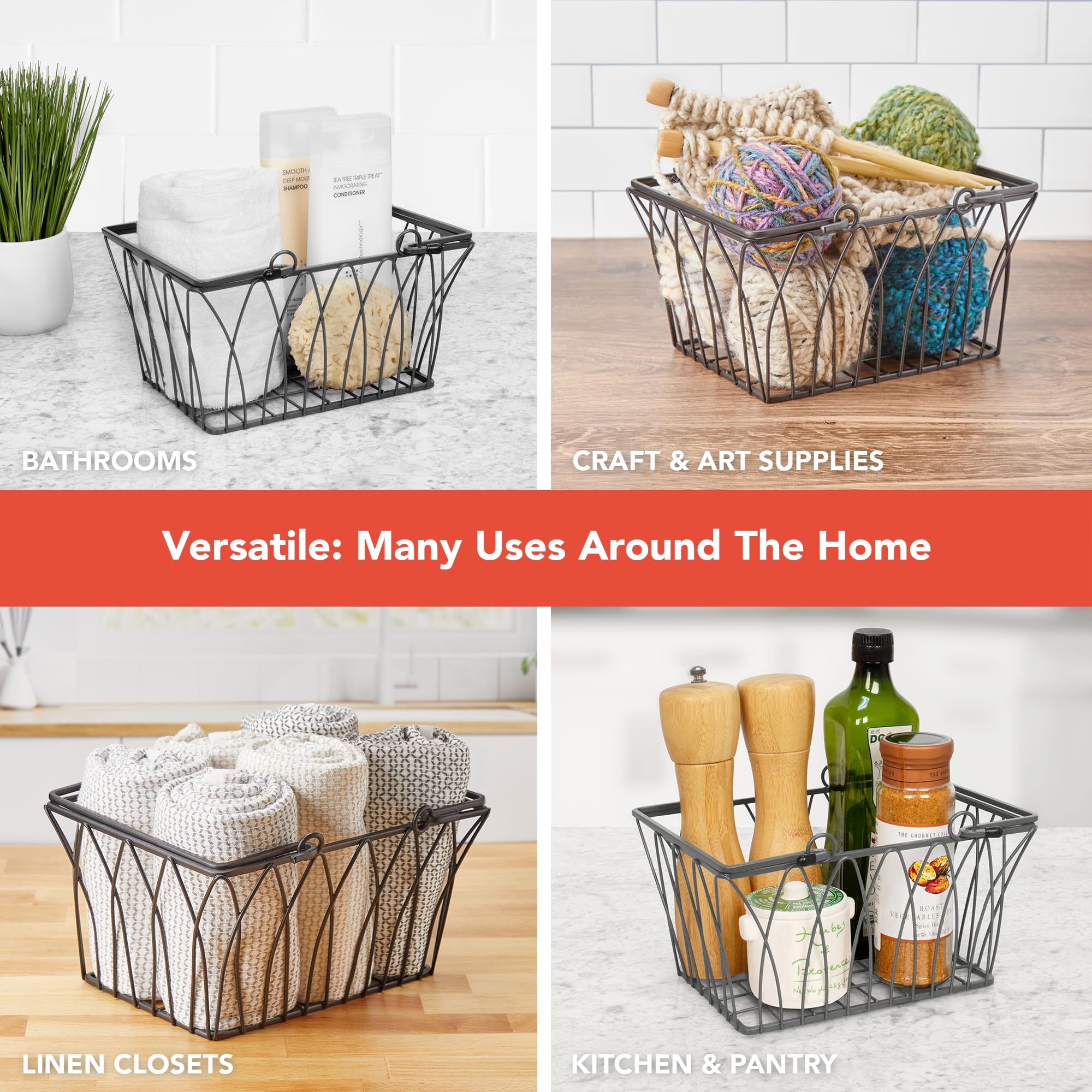 Spectrum Diversified Twist Storage Handles  Modern Farmhouse D?cor Farmer?s Market-Style Wire Basket for Organizing Bathroom  Pantry & Craft Room  Medium  Black
