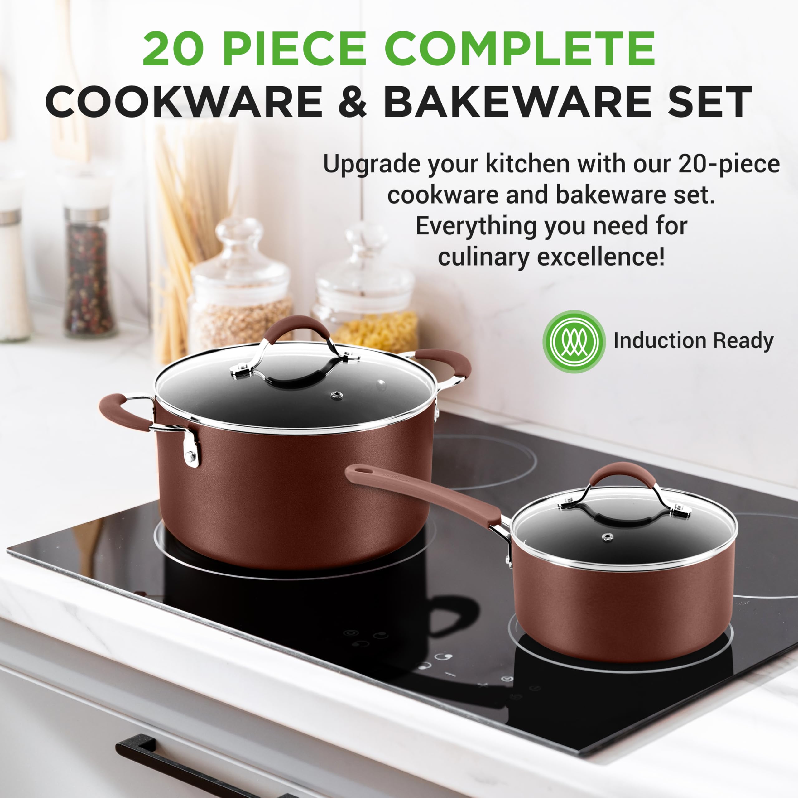 NutriChef 20 Piece Professional Home Kitchen Cookware and Bakeware, Pots and Pans Set Non Stick Kitchenware, Cool-Touch Handles,