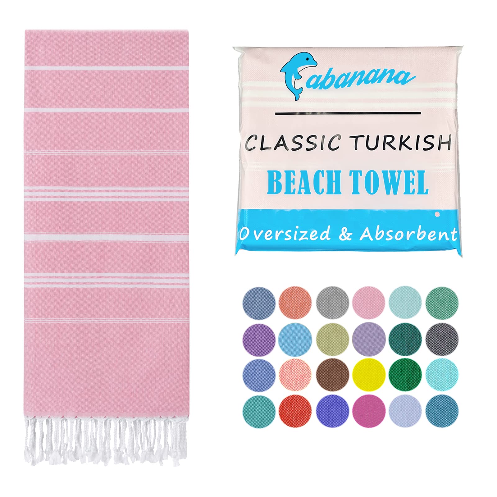 Cabanana Cotton Turkish Beach Towel - Large 39 X 71 Inch Lightweight Oversized Peshtemal Towel, Prewashed Hammam Towel (Light Pi