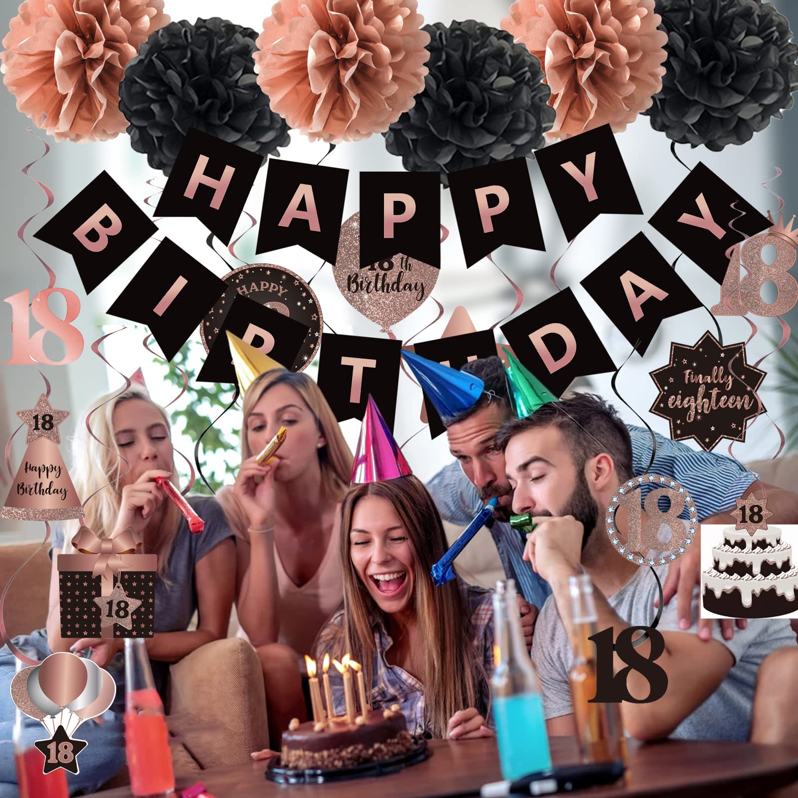 Brt Bearingshui Happy 18Th Birthday Hanging Swirls Streamers Decoration Set, Happy Birthday Banner With Tissue Pompoms, Rose Gol