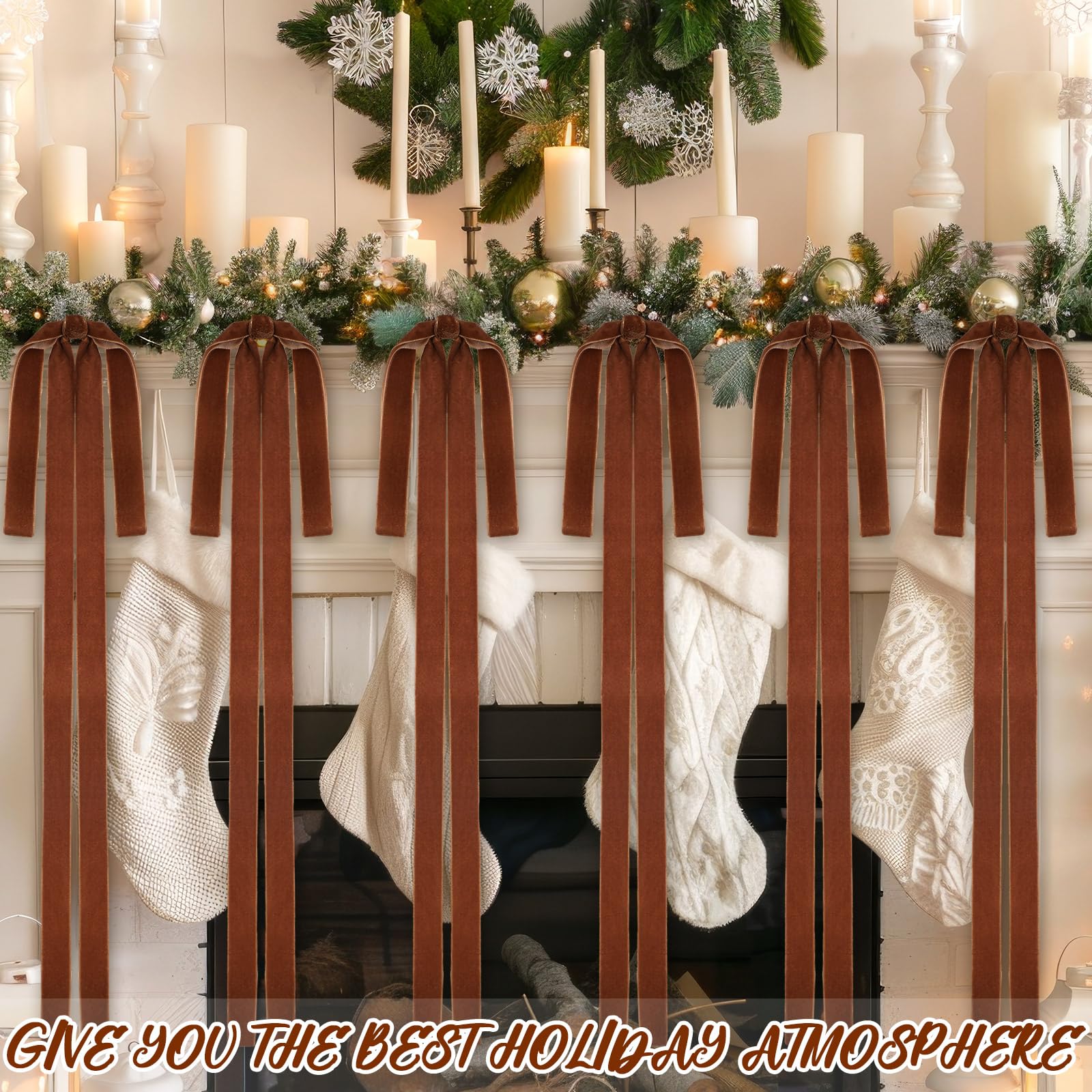 Janinka 6 Pcs Dark Brown Long Velvet Bow Ornaments Christmas Swag 23.5x15.5 Inch Rustic Vintage Large Velvet Christmas Staircase