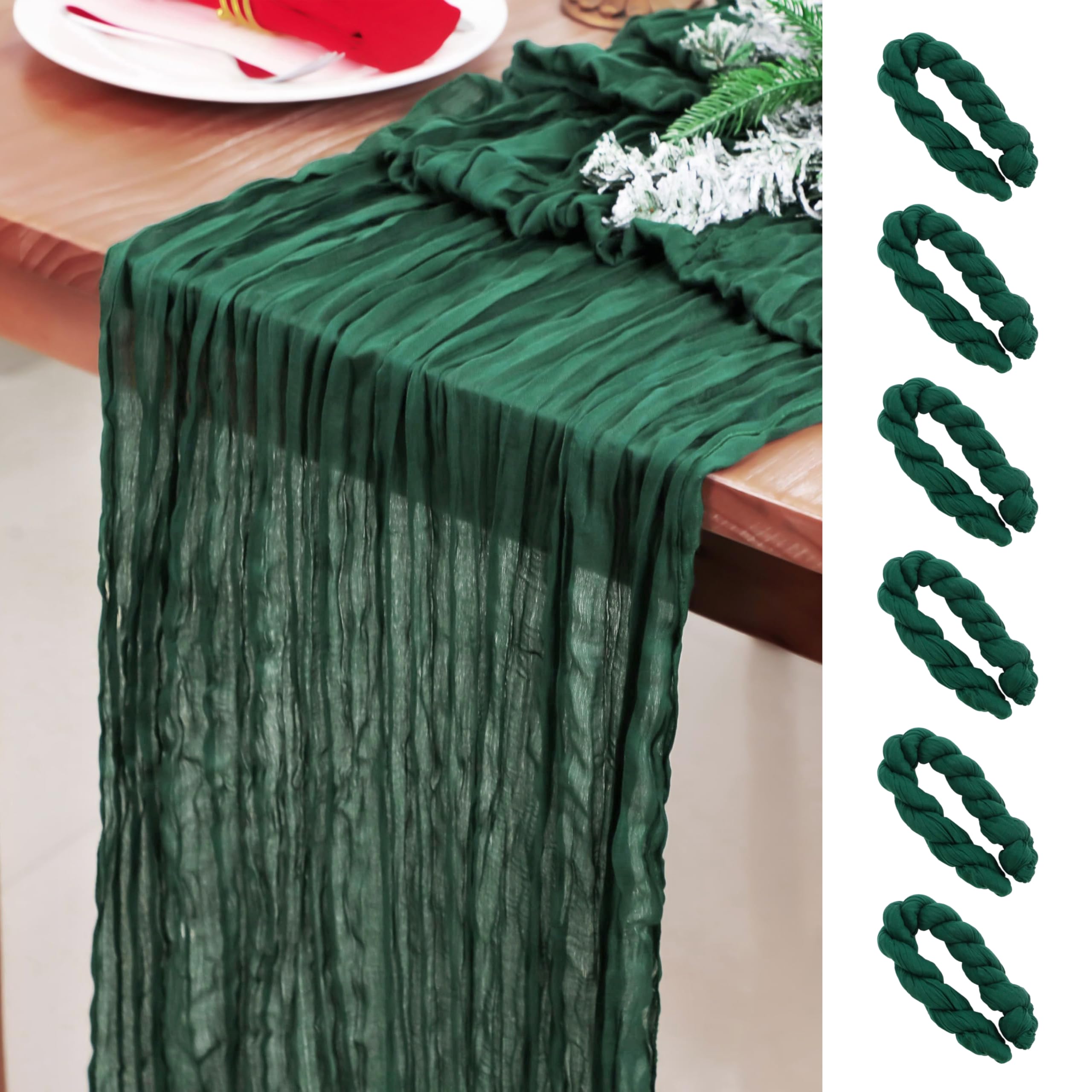 Snowkingdom 6 PCS Emerald Green Table Runner 120 Inch 10 Ft Rustic Boho Dark Green Cheese Cloth Runner for Wedding Bridal Baby S