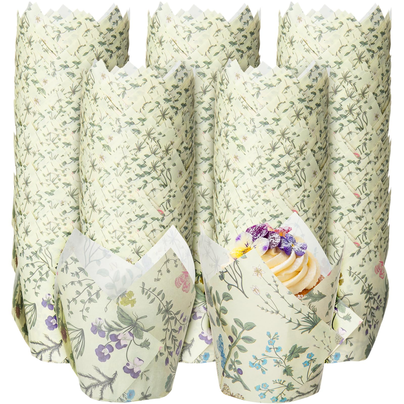 Maxdot 300 Pcs Wildflower Tulip Cupcake Liners for Baking Floral Paper Muffin Baking Cups Flower Tulip Muffin Liners Wrappers fo