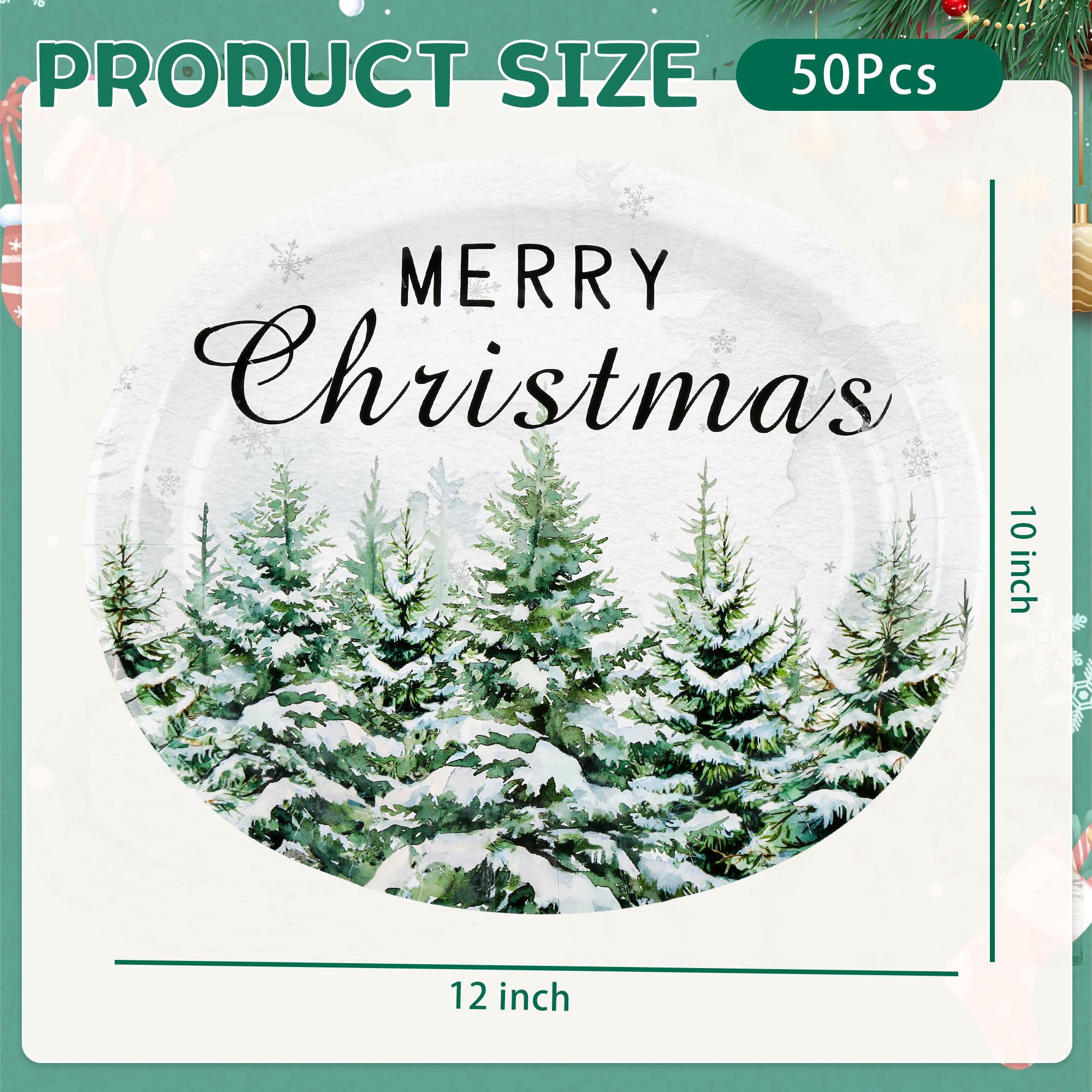 Purhapfre 50Pcs Christmas Paper Plates Christmas Green Tree Oval Plates Heavy Duty Holiday Large Disposable Oval Party Plates Xm