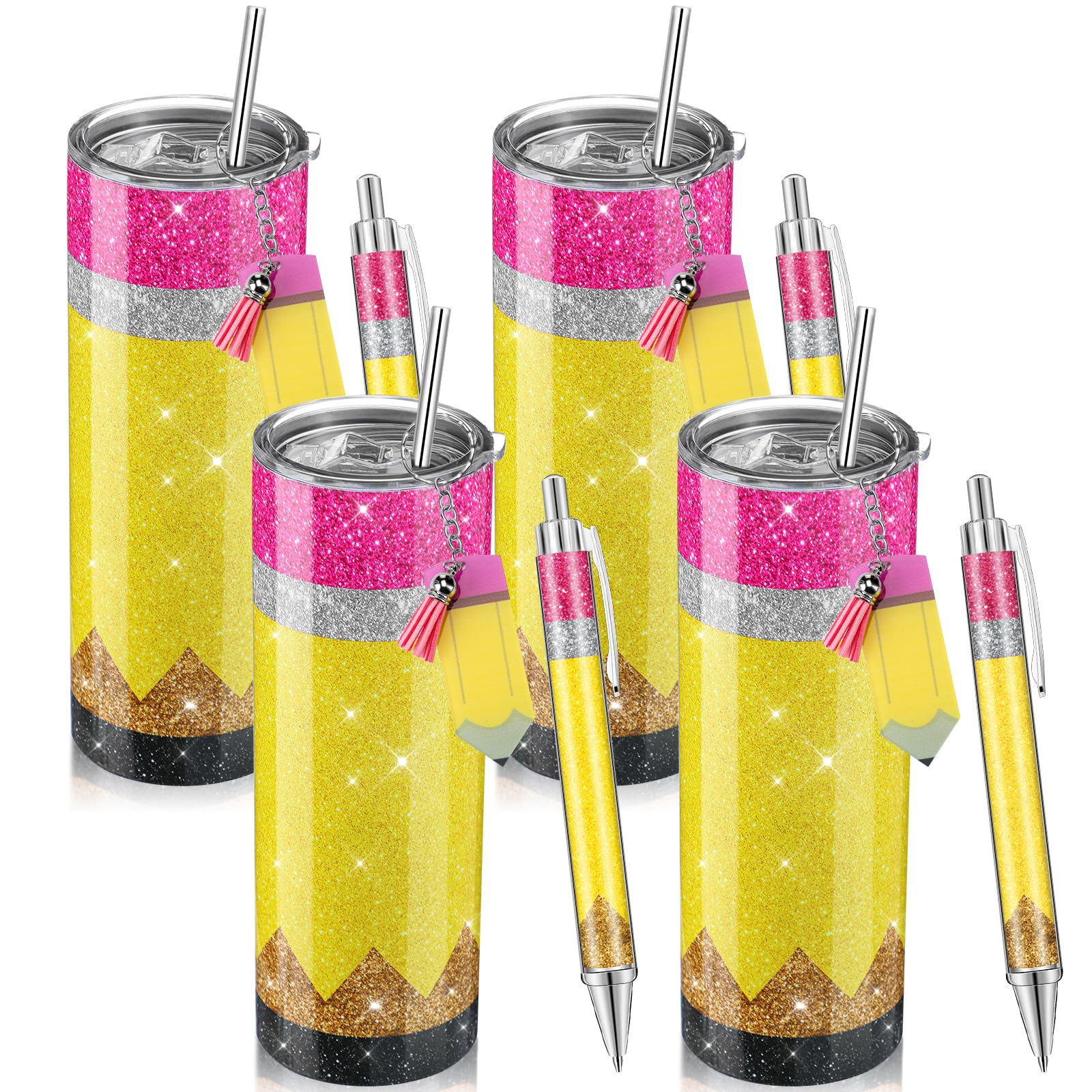 Skylety 12 Pcs/ 4 Sets Teacher Appreciation Gift Bulk Cute Teacher Gifts 20 oz Stainless Steel Tumbler Keychain Ballpoint Set fo