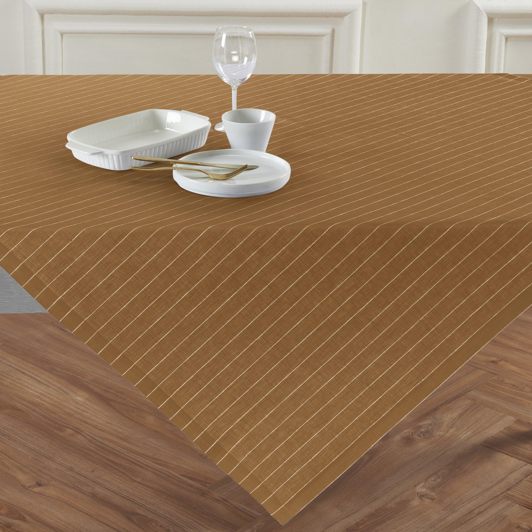 Solino Home Pinstripe Linen Tablecloth 52 X 52 Inch - 100% Pure Linen Camel And White Table Throw For Spring - Handcrafted And M