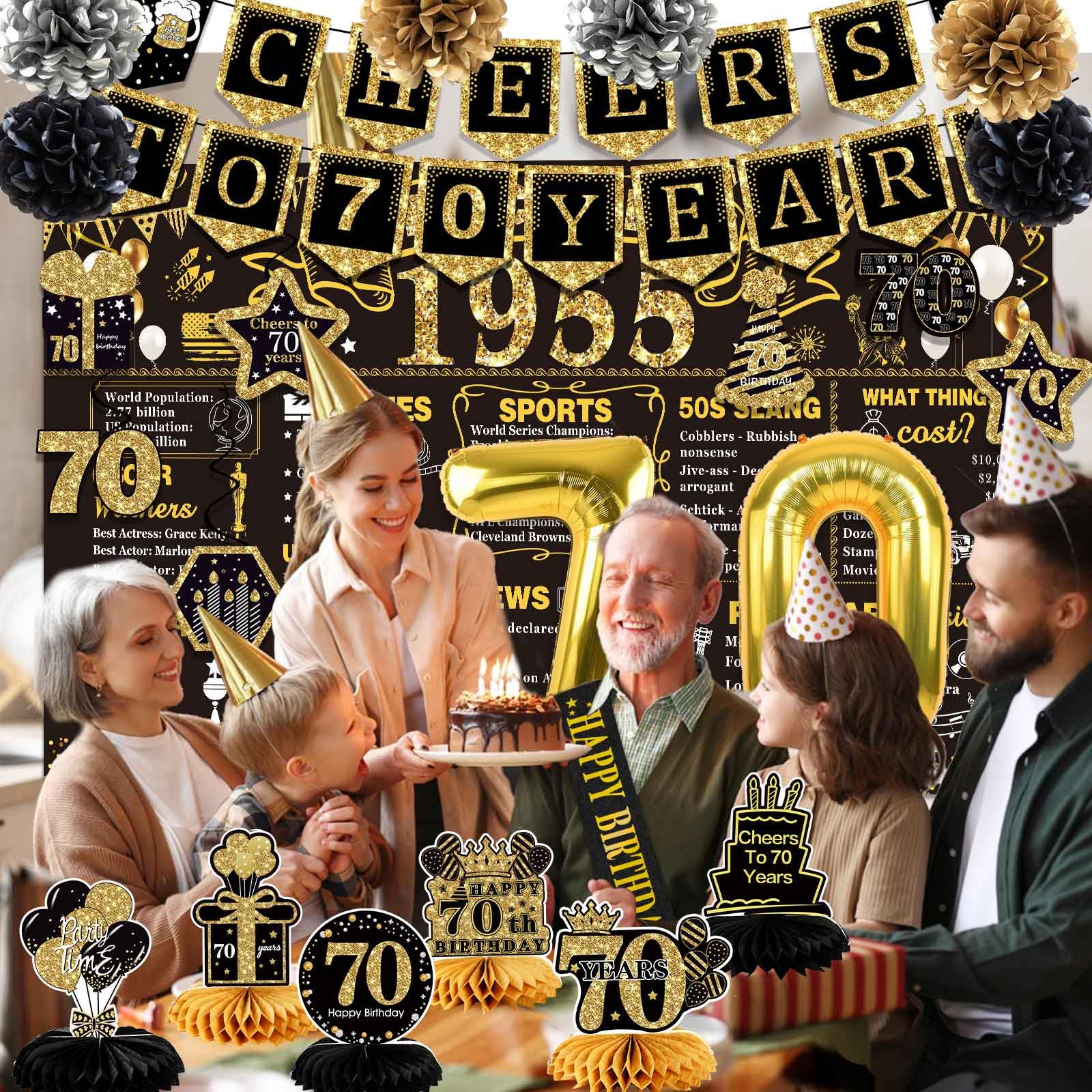 70Th Birthday Decorations For Men Women,24Pcs 1955 Banner Decorations,Including Banner,6Honeycomb Topper,70 Balloons,Anniversary