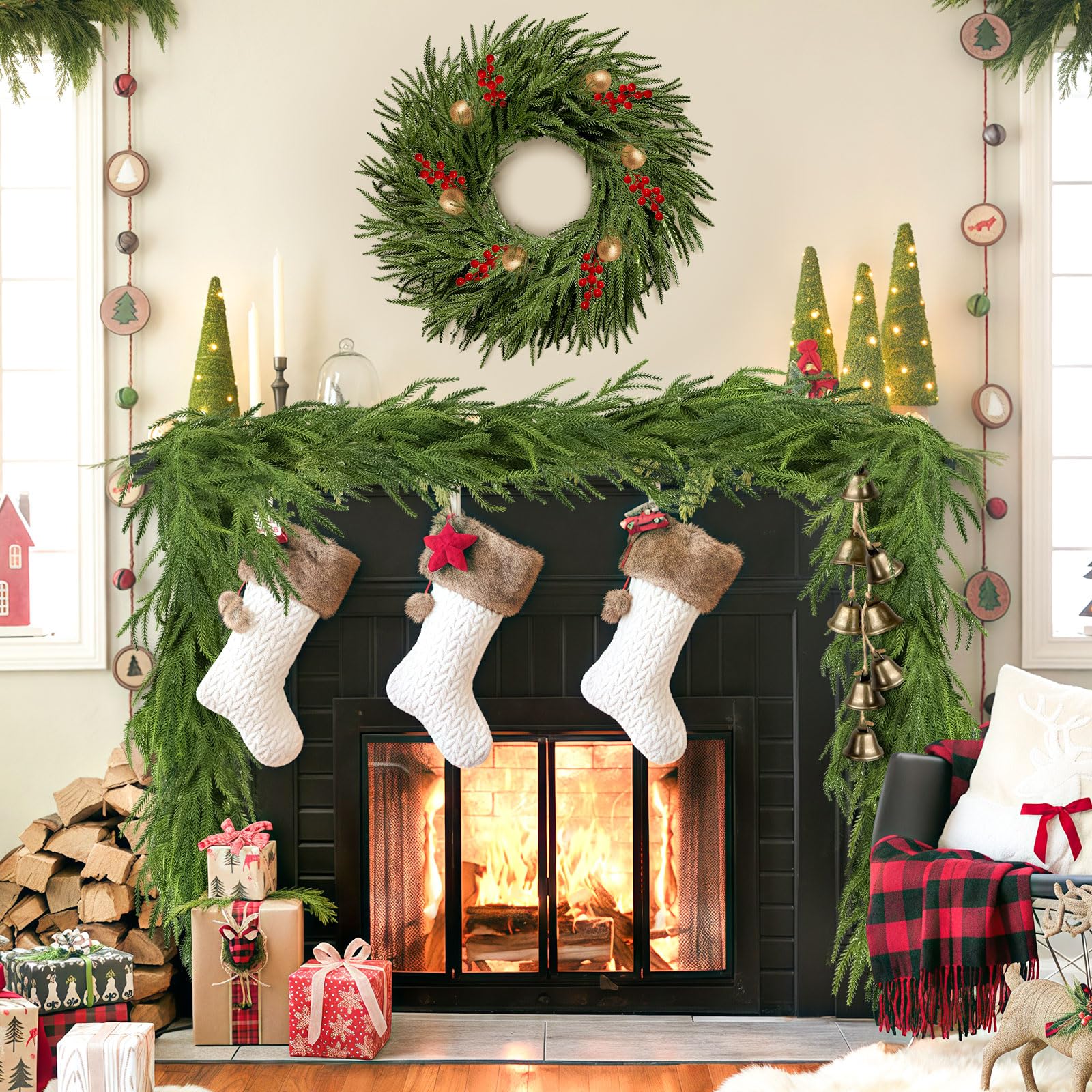 9.8Ft Christmas Norfolk Pine Garland with Berry and Pines,Real Touch Cedar Garland,Pine Garlands for Mantle, Table,Stair Handrai