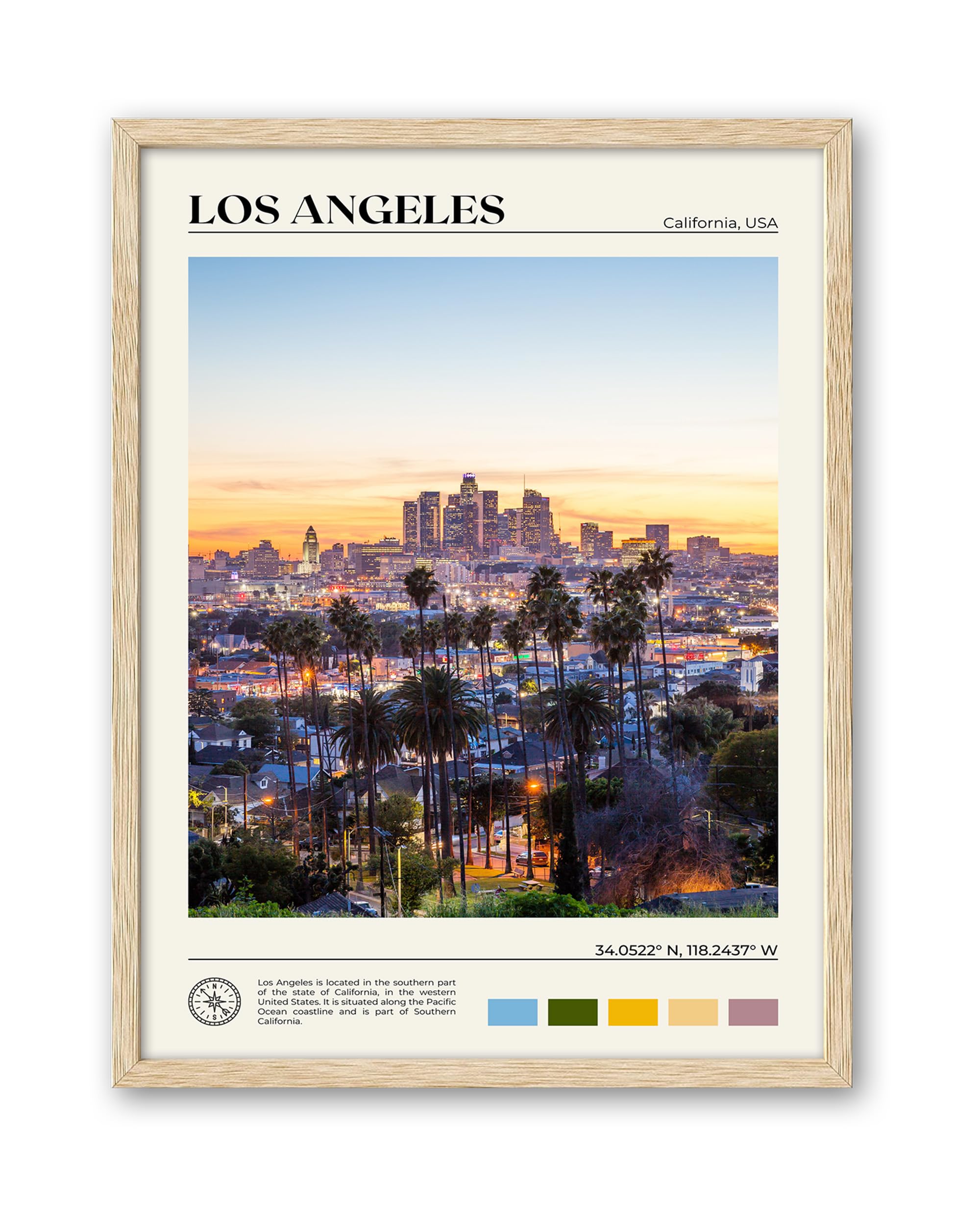 Hesendot Natural Oak Wood Los Angeles Cityscape Framed Wall Art,12X16In City Skyline Canvas Wall Print,Modern Urban Landmark Wal