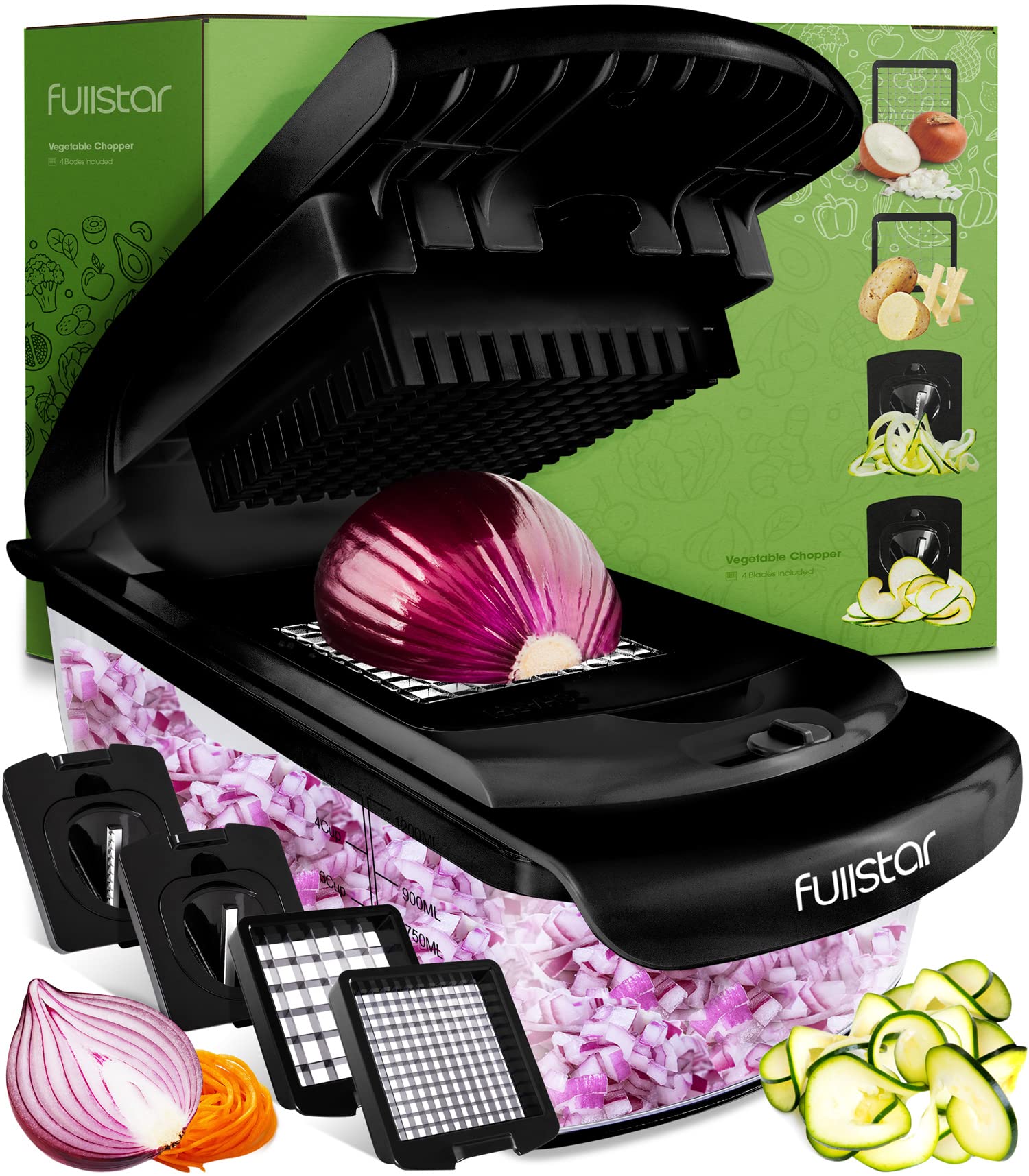 Fullstar Vegetable Chopper - Spiralizer Vegetable Slicer - Onion Chopper With Container - Pro Food Chopper - Black Slicer Dicer