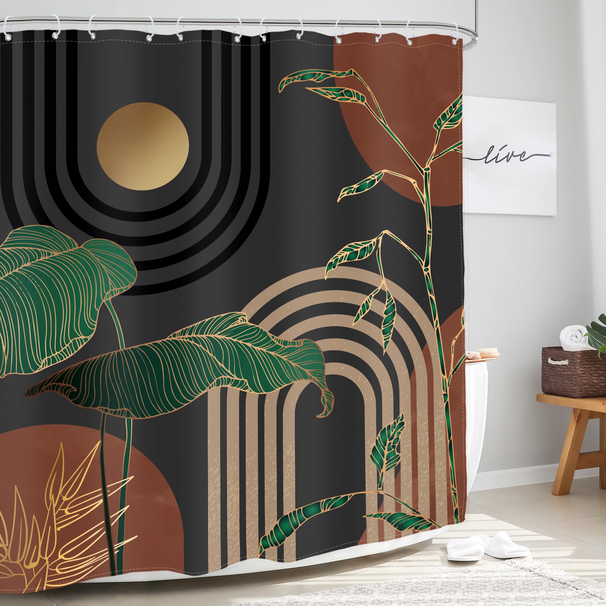 Glawry Brown Abstract Mid Century Shower Curtain Extra Long Boho Retro Tropical Palm Tree Sun Arch Modern Bathroom Simple Geomet