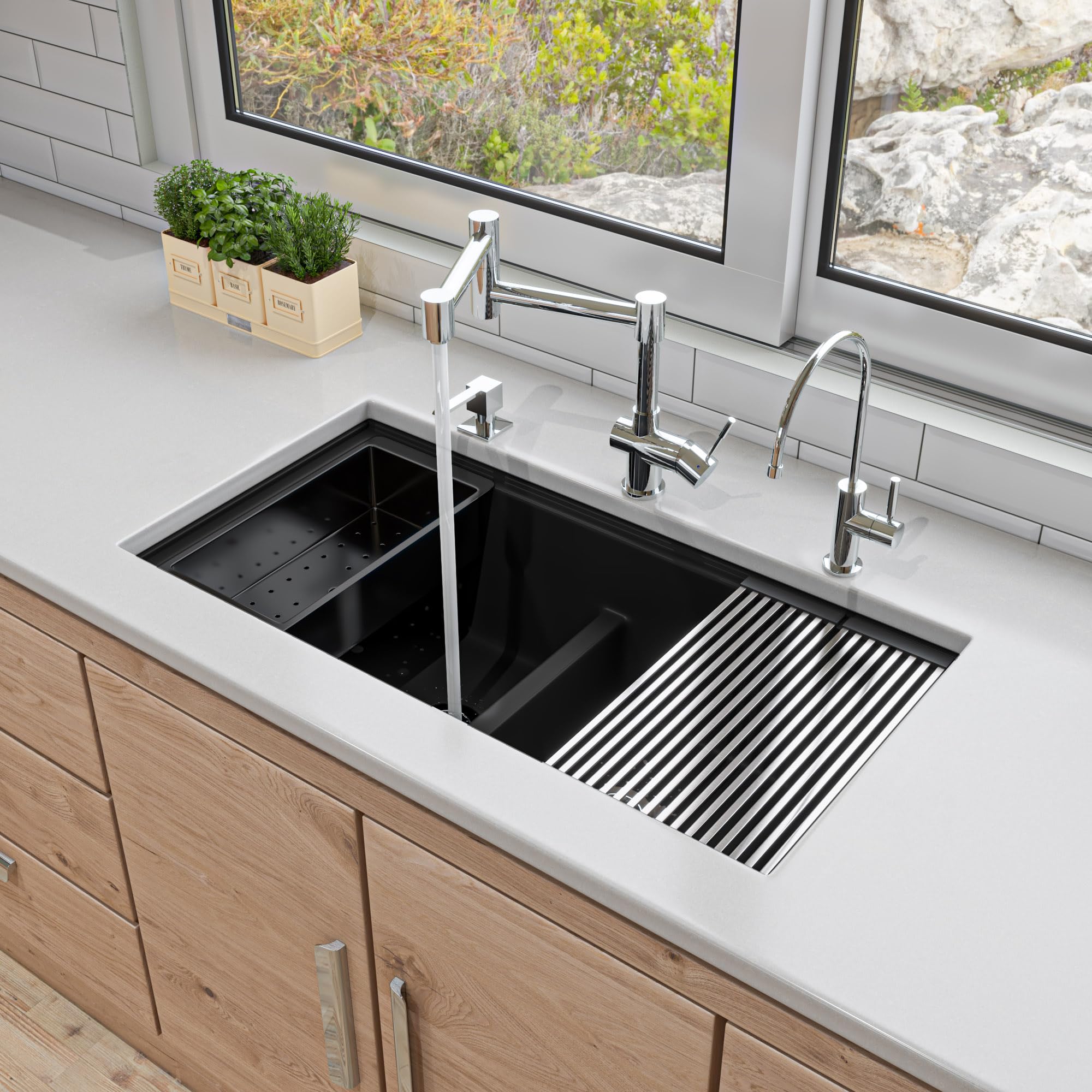 Alfi Brand Ab3418Dbum-Bla Black 33'' Granite Composite Workstation Step Rim Double Bowl Undermount Sink With Accessories