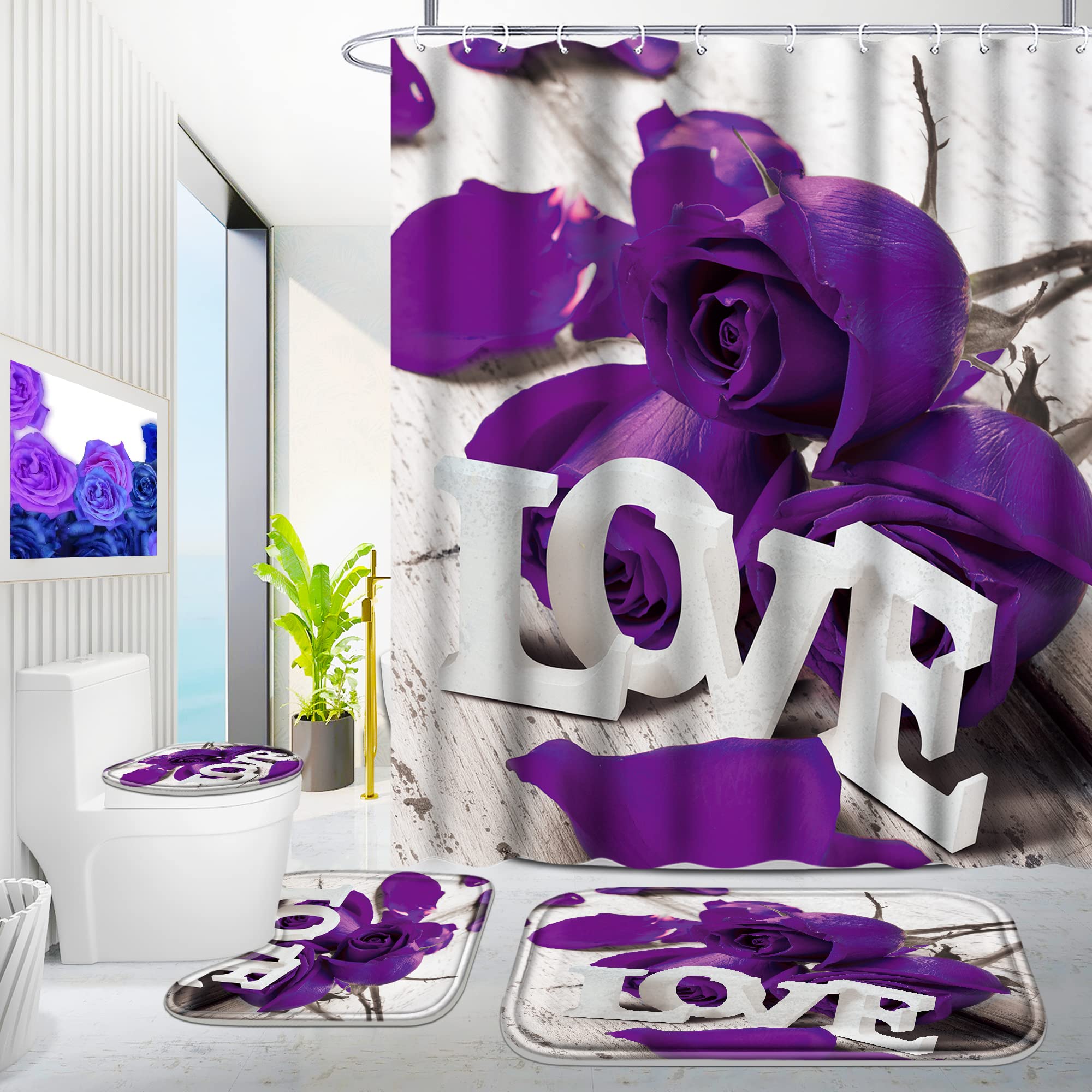 Poedist 4 Pcs Bathroom Shower Curtain Set, Purple Rose Shower Curtain Valentine'S Day Shower Curtain Sets With Rugs(Bath Mat,U S