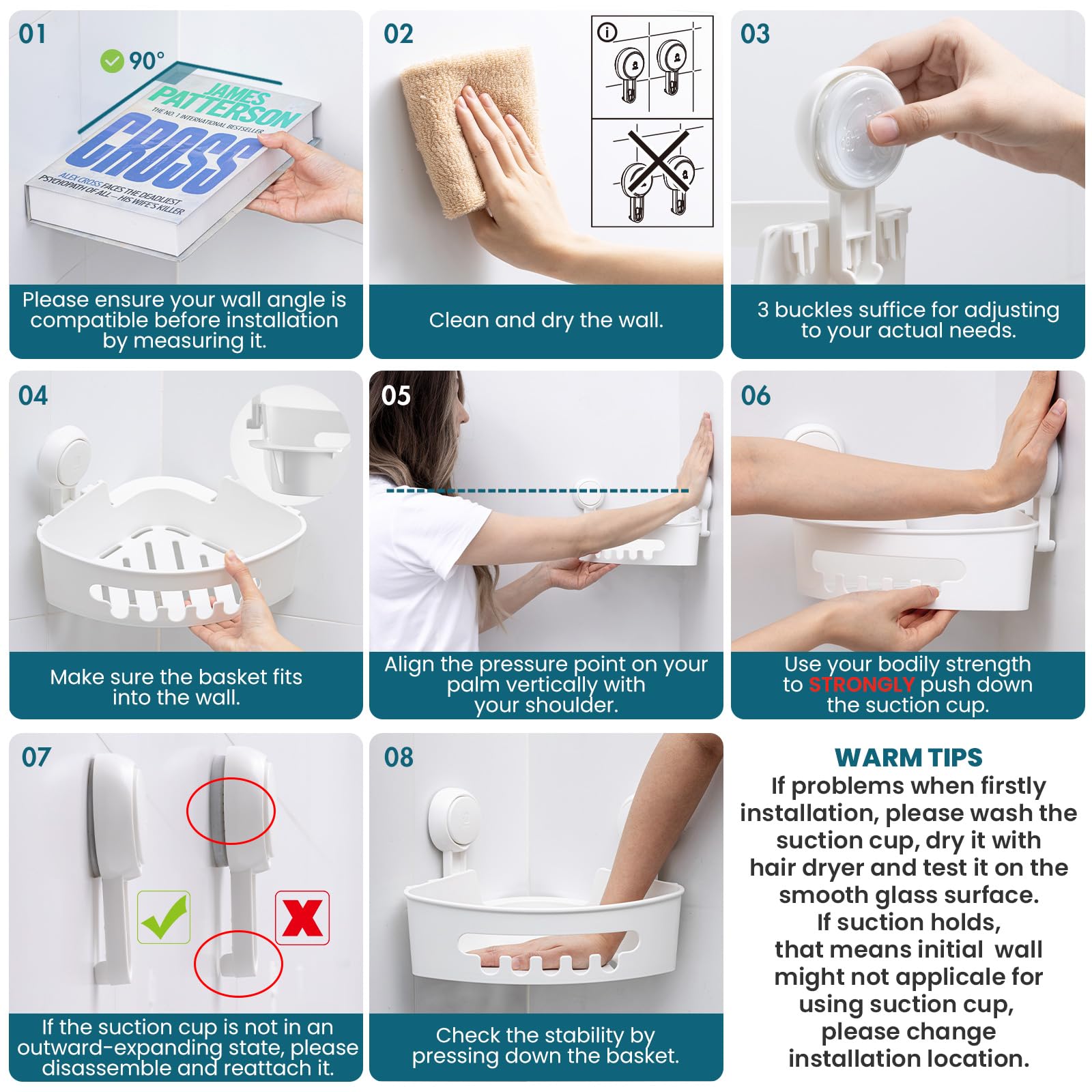Taili Corner Shower Caddy With Suction Cups, Wall Mounted Shower Organizer Plastic Shower Rack For Small Bathrooms, Kitchen, Rem