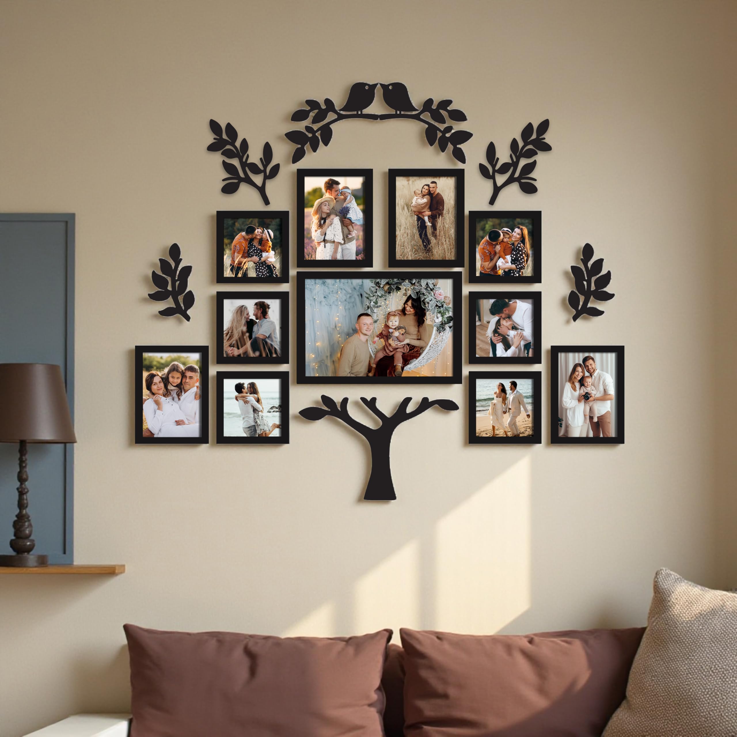Art Street Family Tree Wall Photo Frame Set Pack Of 11 With 9 Mdf Cutouts For Home Decoration | Wall Photo Frame Collage For Liv