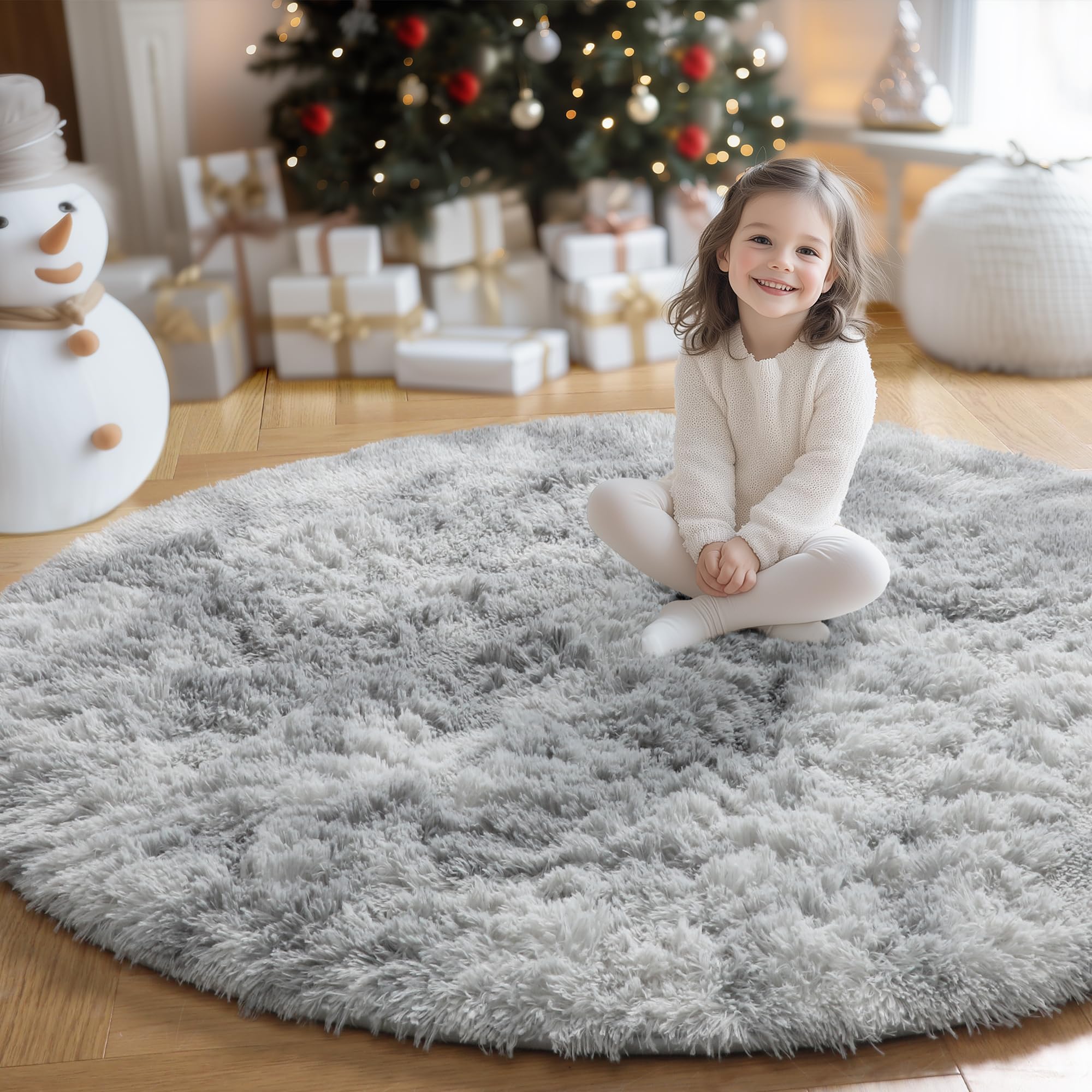 Amdrebio Tie-Dye Light Grey Round Circle Area Rugs 5Ft for Living Room Bedroom, Soft Fluffy Fuzzy Shag Rug for Kids Room Home Of