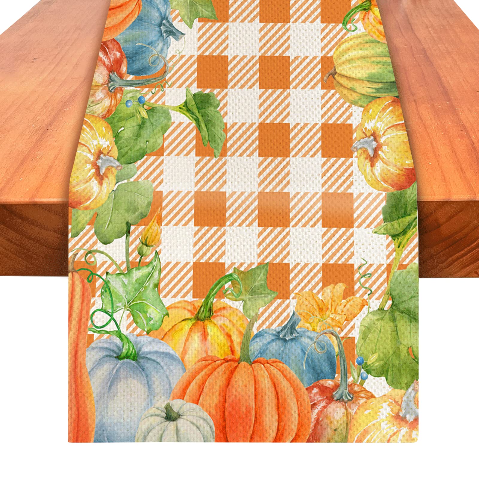 Yovoyoa Happy Thanksgiving Give Thanks Fall Table Runner, Buffalo Check Plaid Fall Harvest Pumpkins Burlap Kitchen Dining Room T