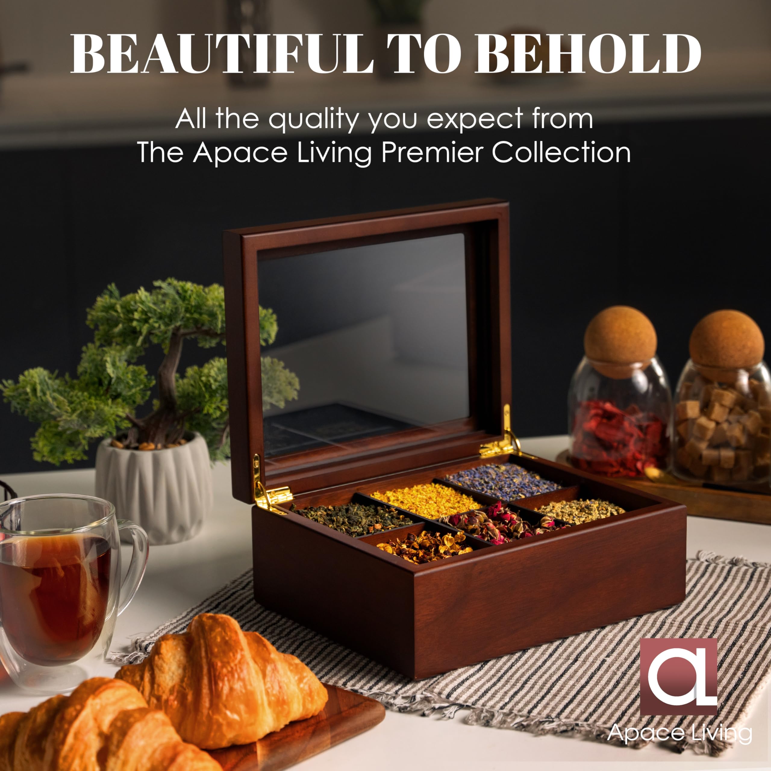 Tea Box - Luxury Wooden Tea Bag Organizer From The Apace Premier Collection - 6 Compartment Tea Storage Chest Container - Elegan