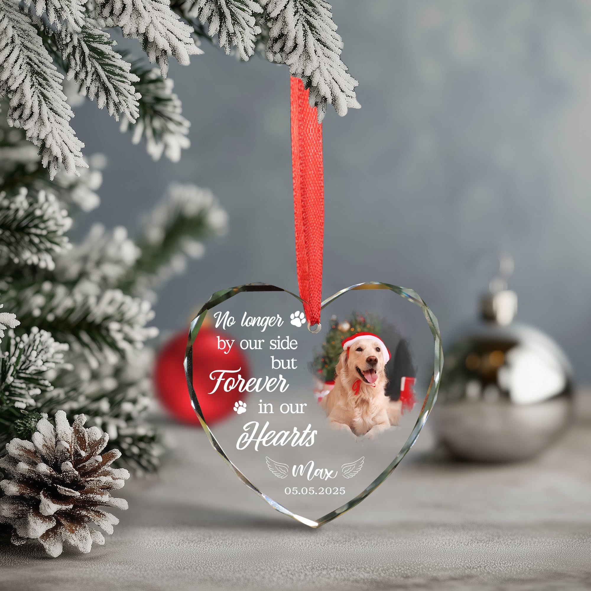 Custom Dog Photo Ornament 2025 - Dog Loss, Pet Sympathy, Remembrance Keepsake - No Longer by Our Side Glass Ornament for Christm