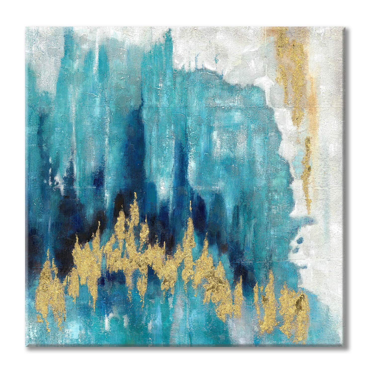 Utop-Art Abstract Picture Artwork Blue Painting: Hand Painted Gold Foils Wall Art On Canvas For Living Room (24'' X 24'' X 1 Pan