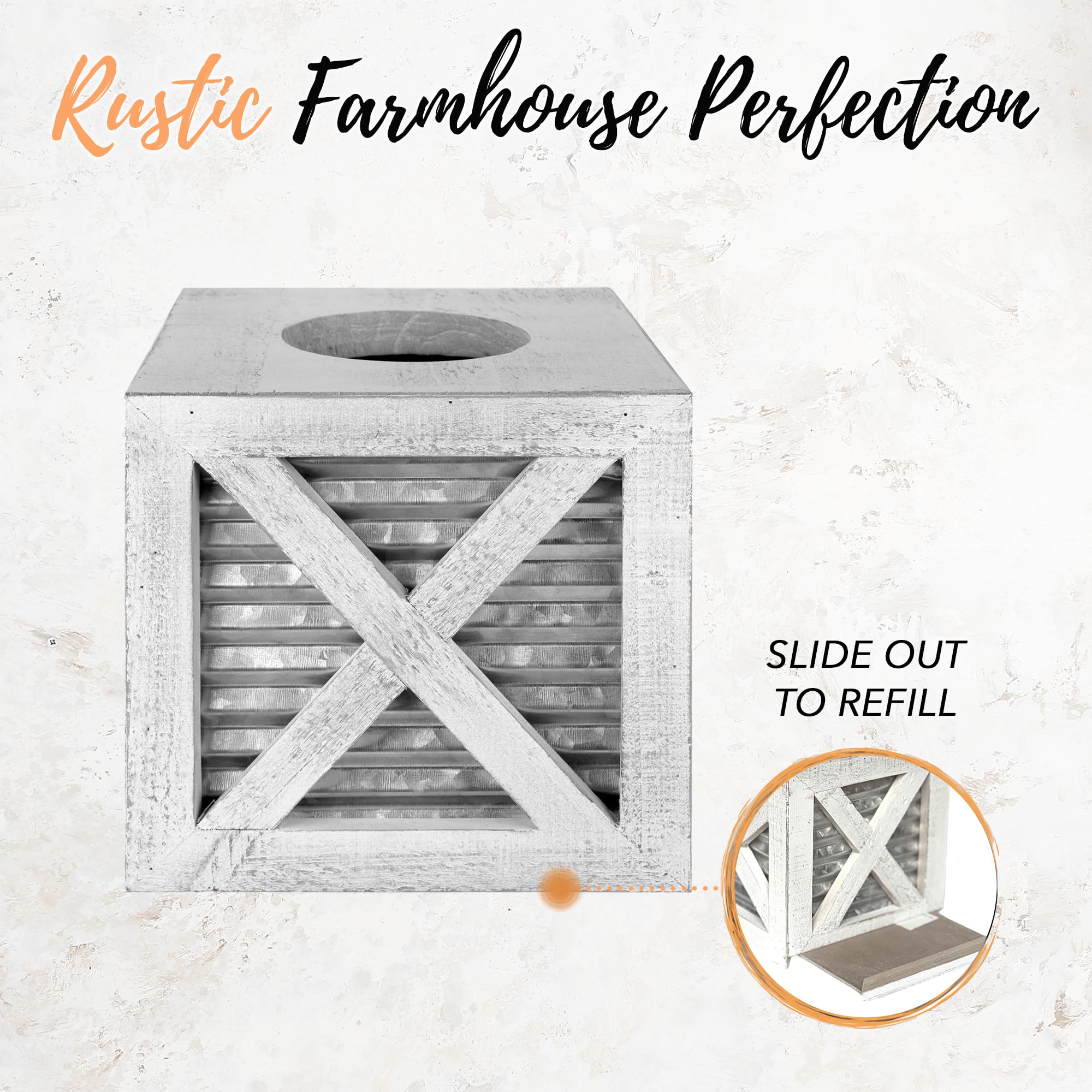 Autumn Alley Barn Door Square Farmhouse Tissue Box Cover In White And Galvanized - Farmhouse Bathroom Accessories - Rustic Bathr