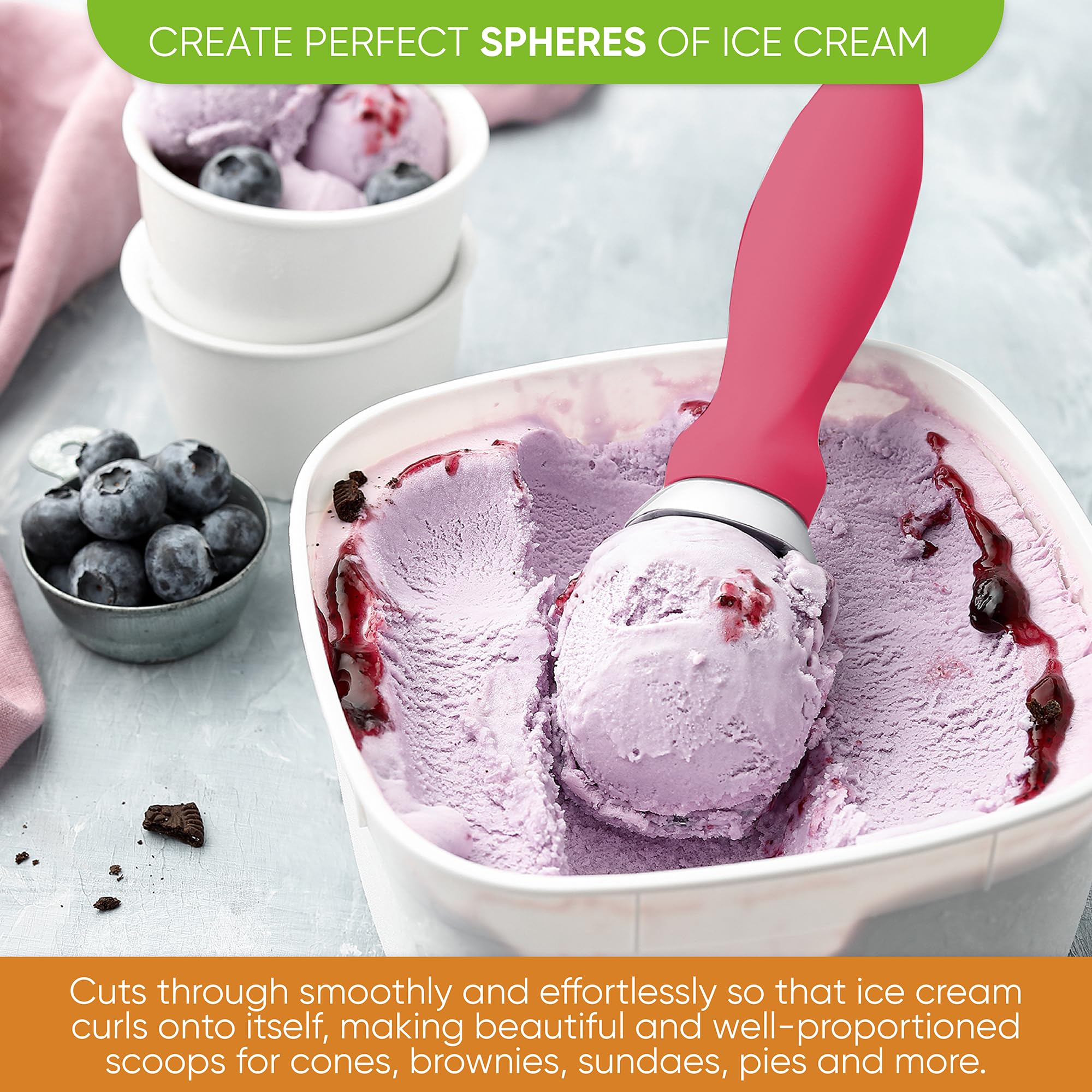 Spring Chef Pink Heavy Duty Ice Cream Scoop With Soft Grip Handle, Professional Ice Cream Scooper, Metal Ice Cream Spoon For Coo