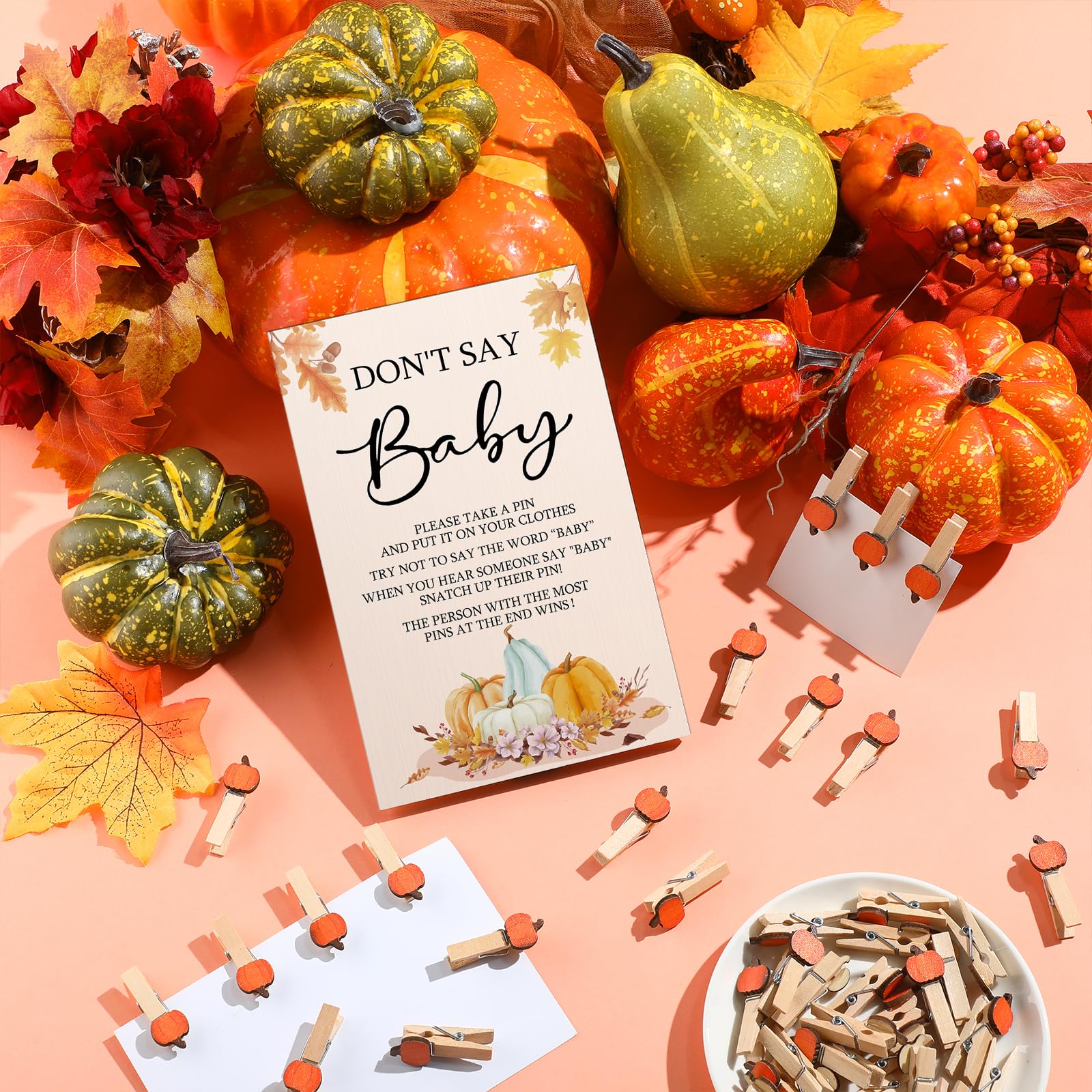 Unittype 51 Pcs Don'T Say Baby Shower Game Supplies Include Fall Pumpkin Theme Baby Shower Sign And 50 Mini Pumpkin Clothespins