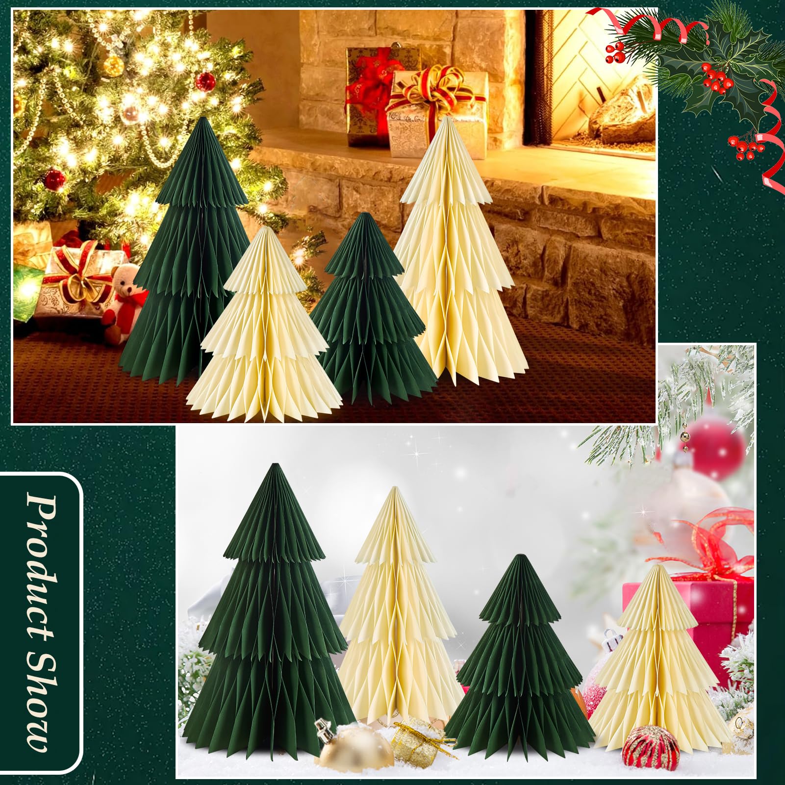 OBBOLO Paper Christmas Tree, 4 Pcs Paper Christmas Ornaments Party Decorations, 3D Honeycomb Xmas Trees, Holiday Home Decor, Chr