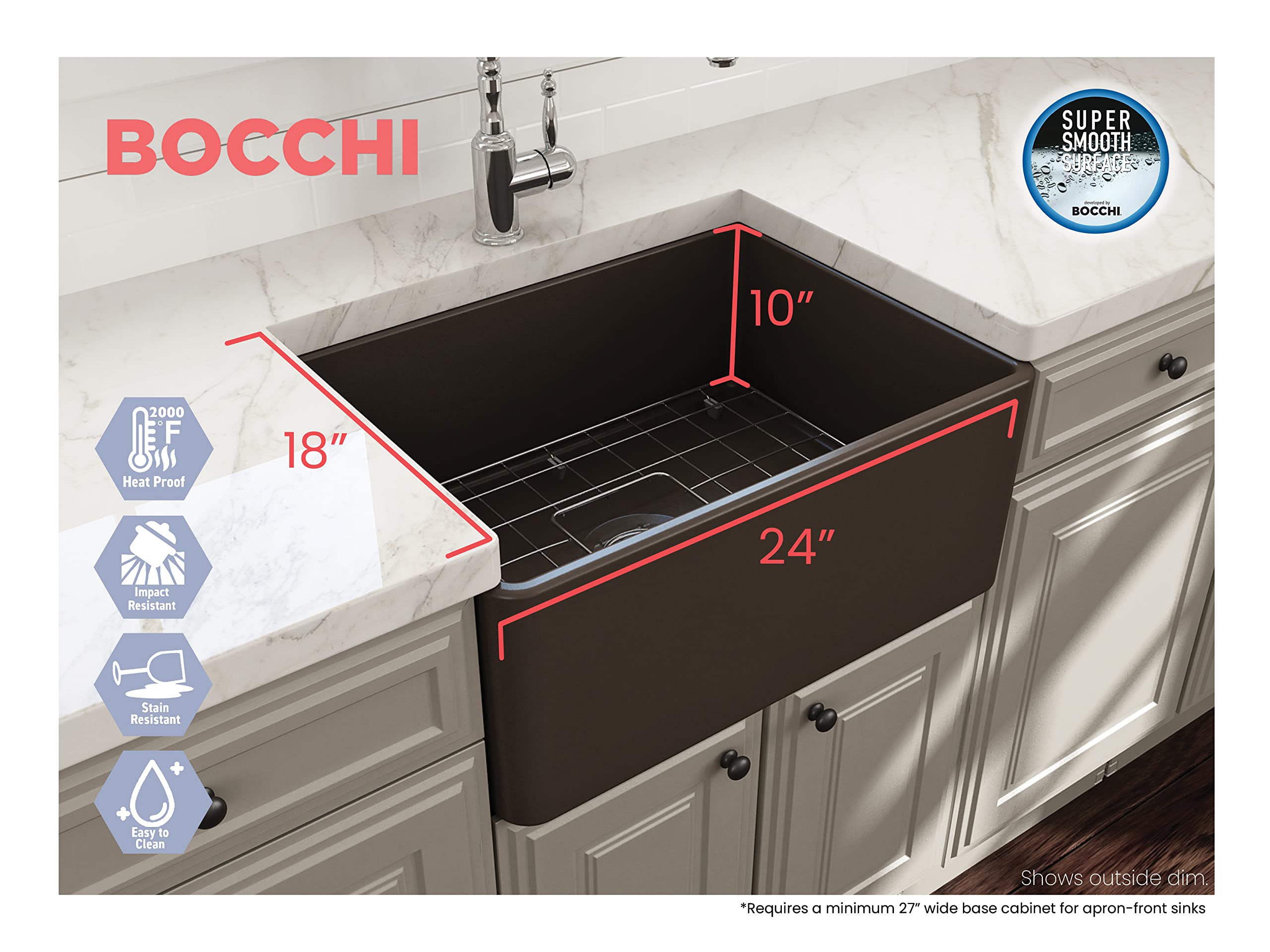 Bocchi Classico Farmhouse Apron Front Fireclay 24 In. Single Bowl Kitchen Sink With Protective Bottom Grid And Strainer In M. Br