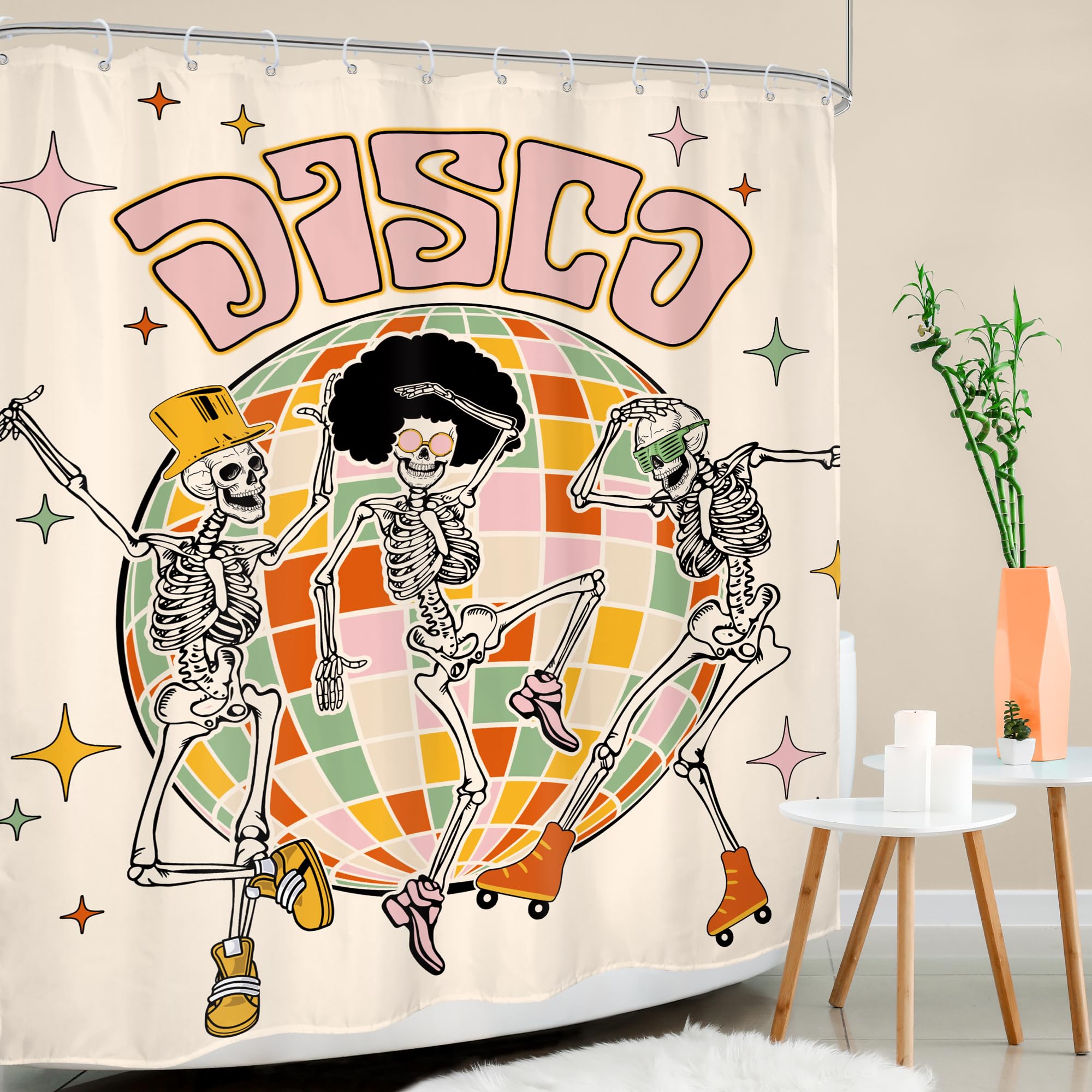 Mitpok Retro Skull Skeleton Shower Curtain, Funny Vintage Groovy Y2K 70S Disco Shower Curtain, Gothic Spooky Cool Unique Modern