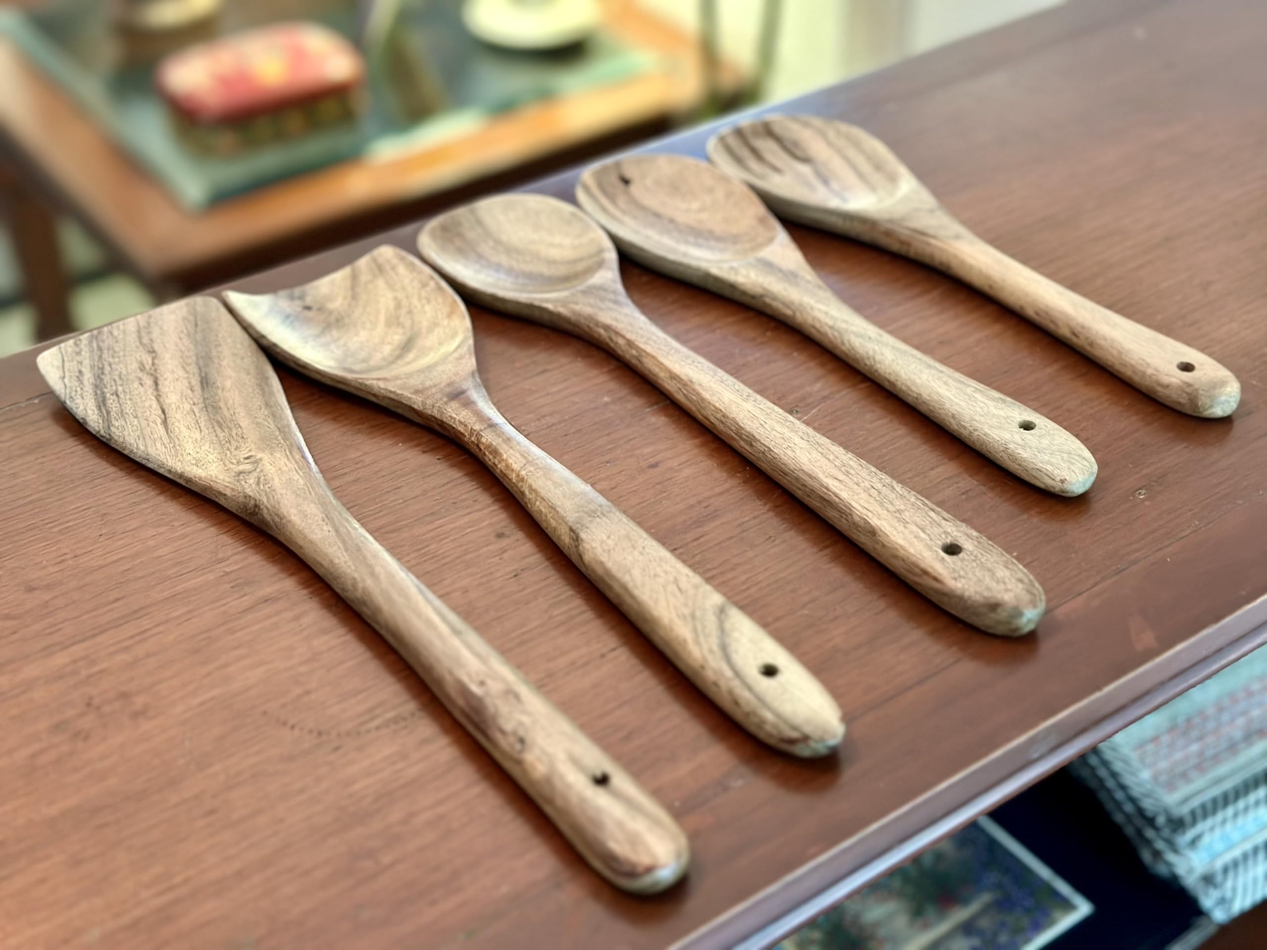 5 Piece Non-Stick Acacia Wooden Cutlery Spoon Set For Cooking, Wood Kitchen Utensils Salad Spoon Fork & Turner, Ladle & Flat Spa