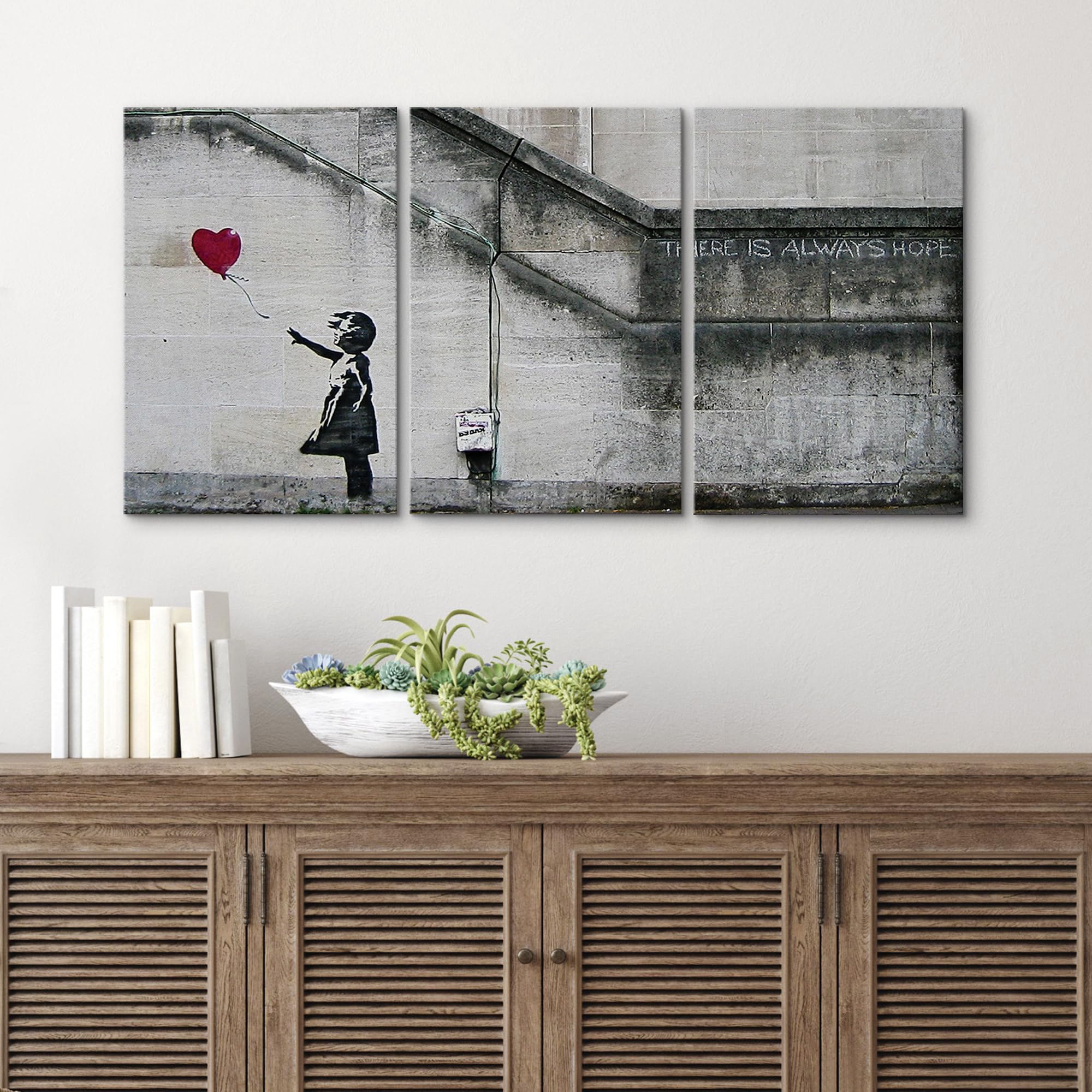 Wall26 - 3 Piece Canvas Wall Art - There Is Always Hope - Girl And Red Heart Balloon - Street Art - Guerilla - Modern Home Art S