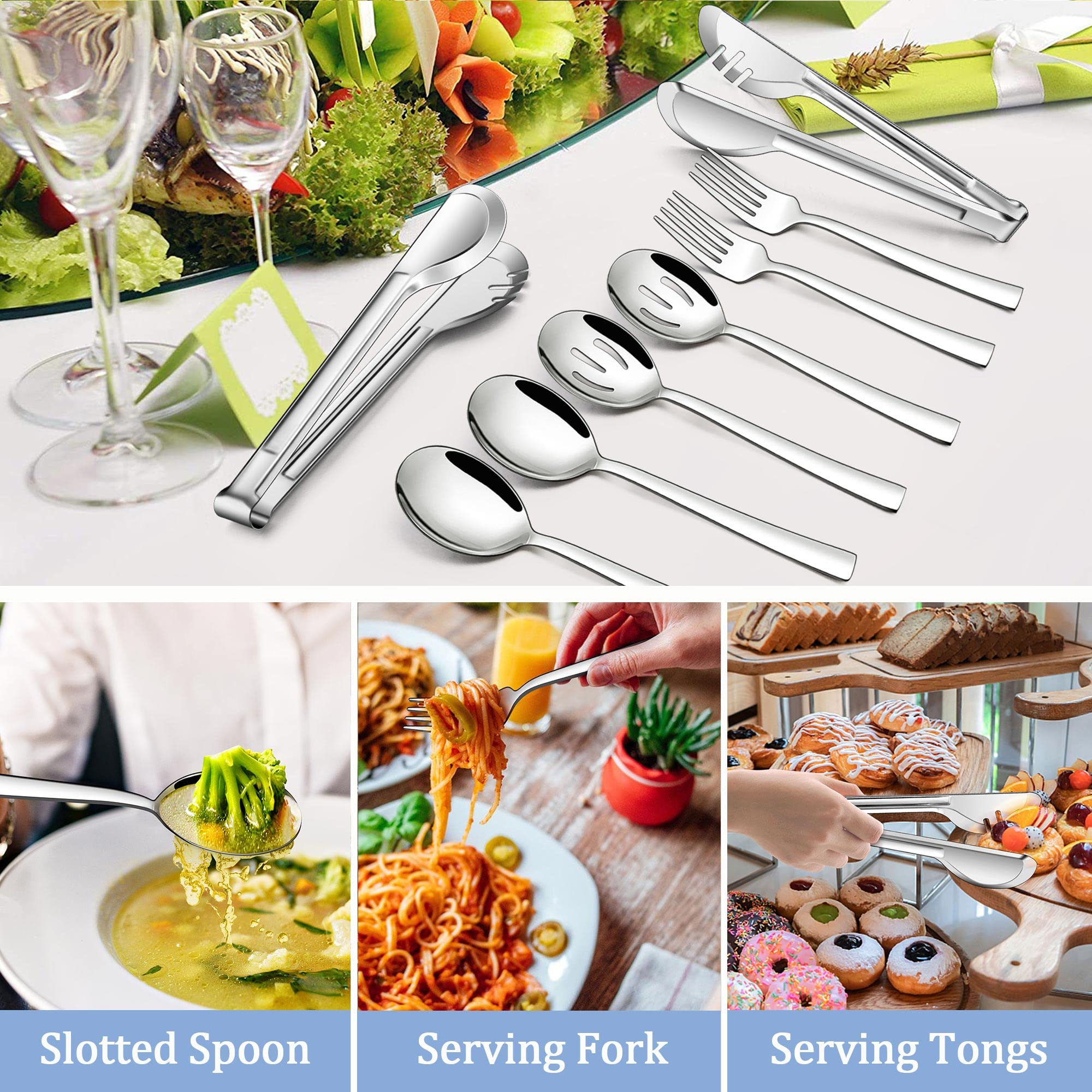 Lianyu 12 Piece Serving Utensils, Stainless Steel Serving Spoons Set, Include 3 Serving Spoons, 3 Slotted Spoons, 3 Serving Fork