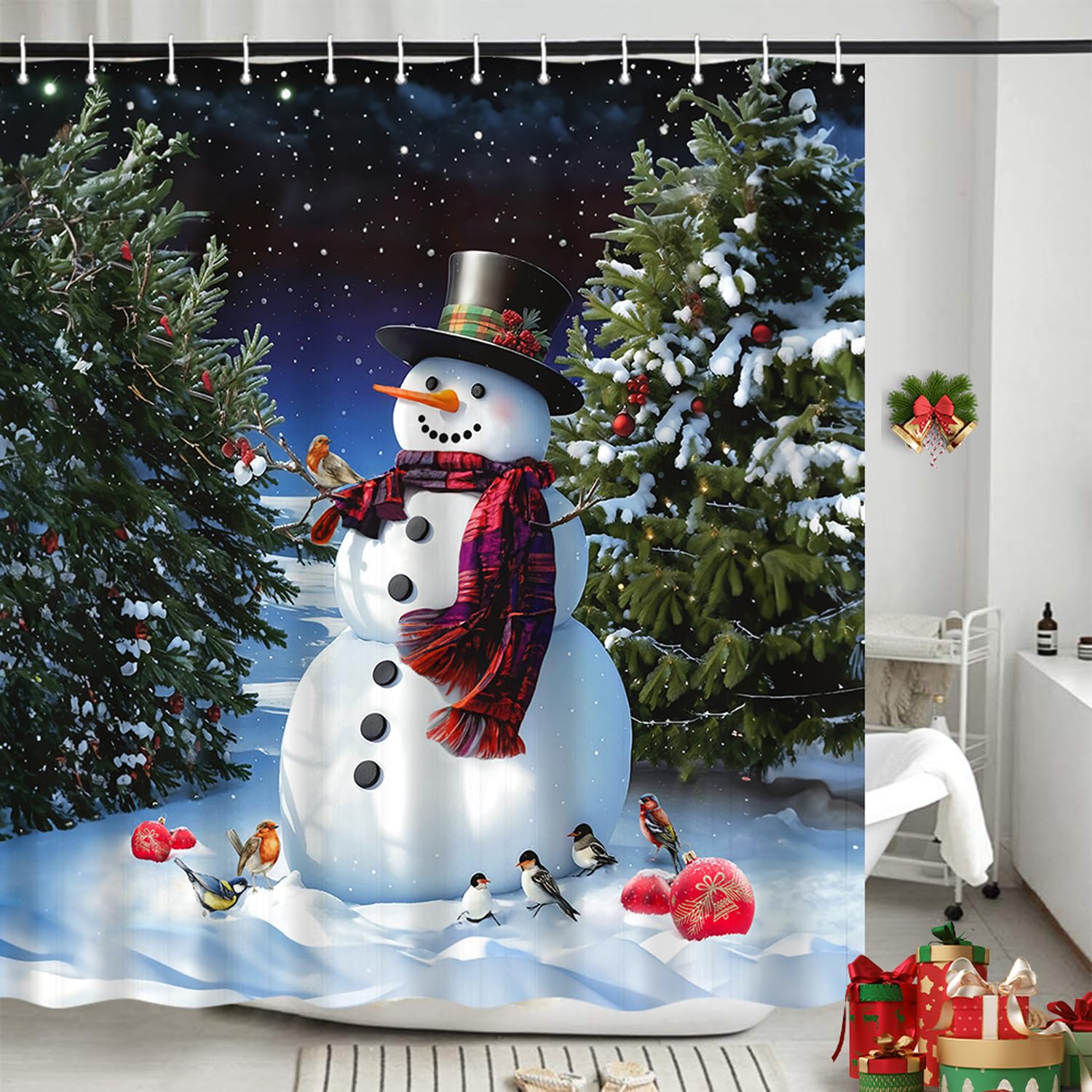 Itapnoom Winter Snowman Shower Curtains, Merry Christmas Trees Gift Cute Happy Little Birds White Snowflake Outdoor, Waterproof