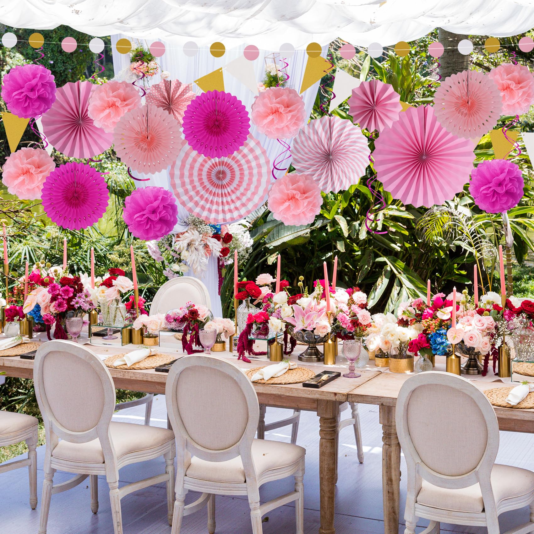Huryfox Pink Party Decorations - 33pcs Hanging Paper Fans, Rainbow Paper Pom Poms, Fiesta Bunting and Tissue Streamers for Birth