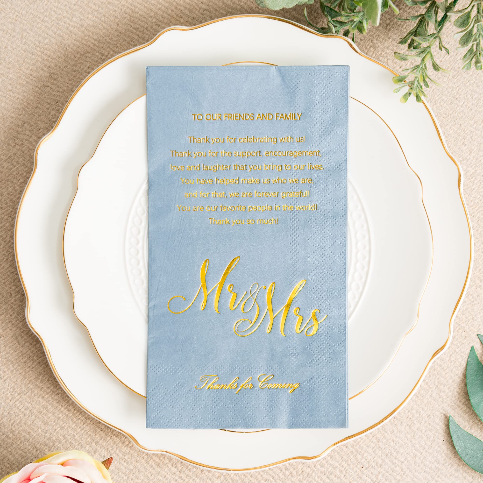 Crisky Dusty Blue Wedding Napkins Mr & Mrs Dinner Napkins Replace Thank You Card Disposable Decorative Towels for Wedding Shower