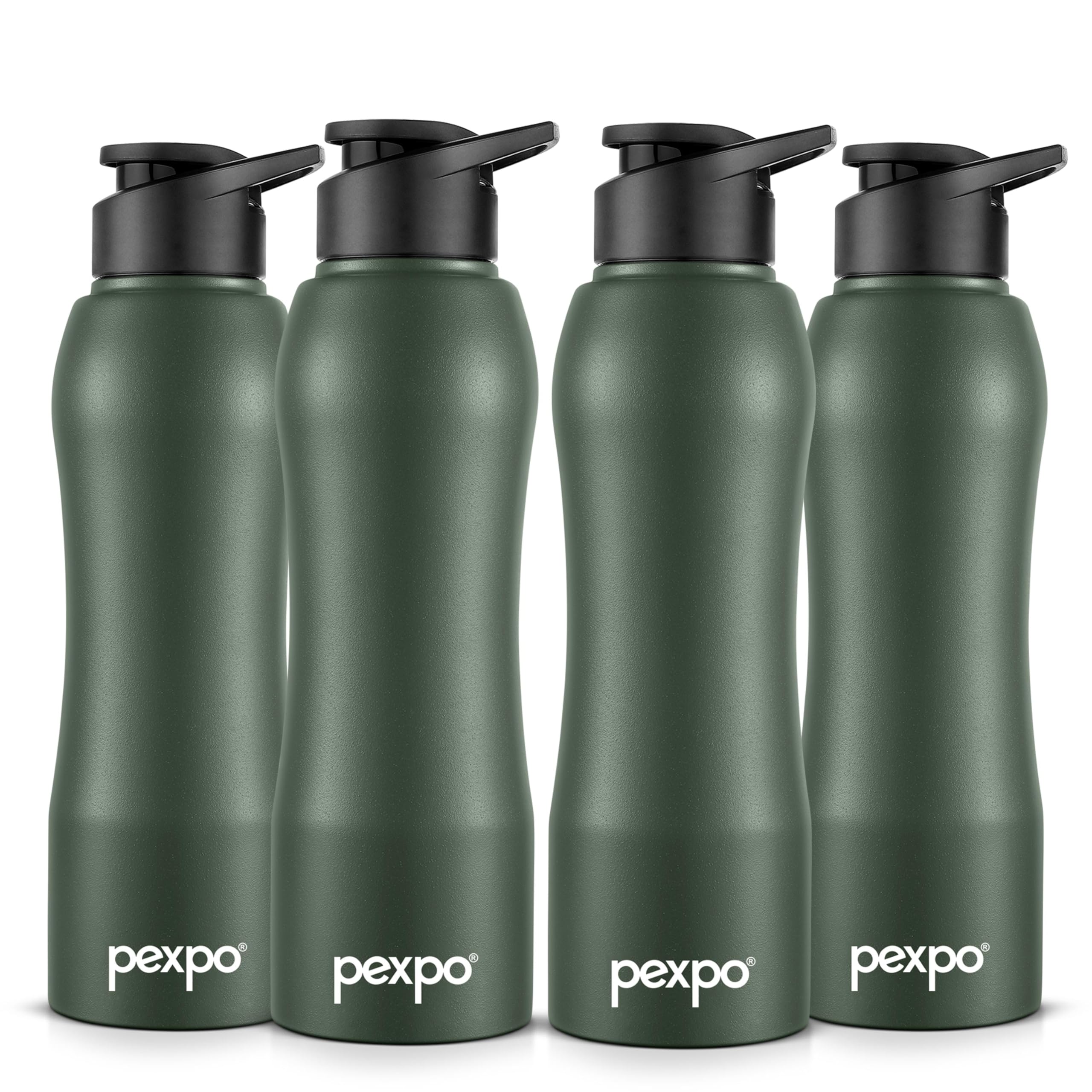 Pexpo Bistro Isi Certified Stainless Steel Fridge/Sports Sipper Water Bottle 750Ml, Military Green, Pack Of 4|Single Wall|Easy G